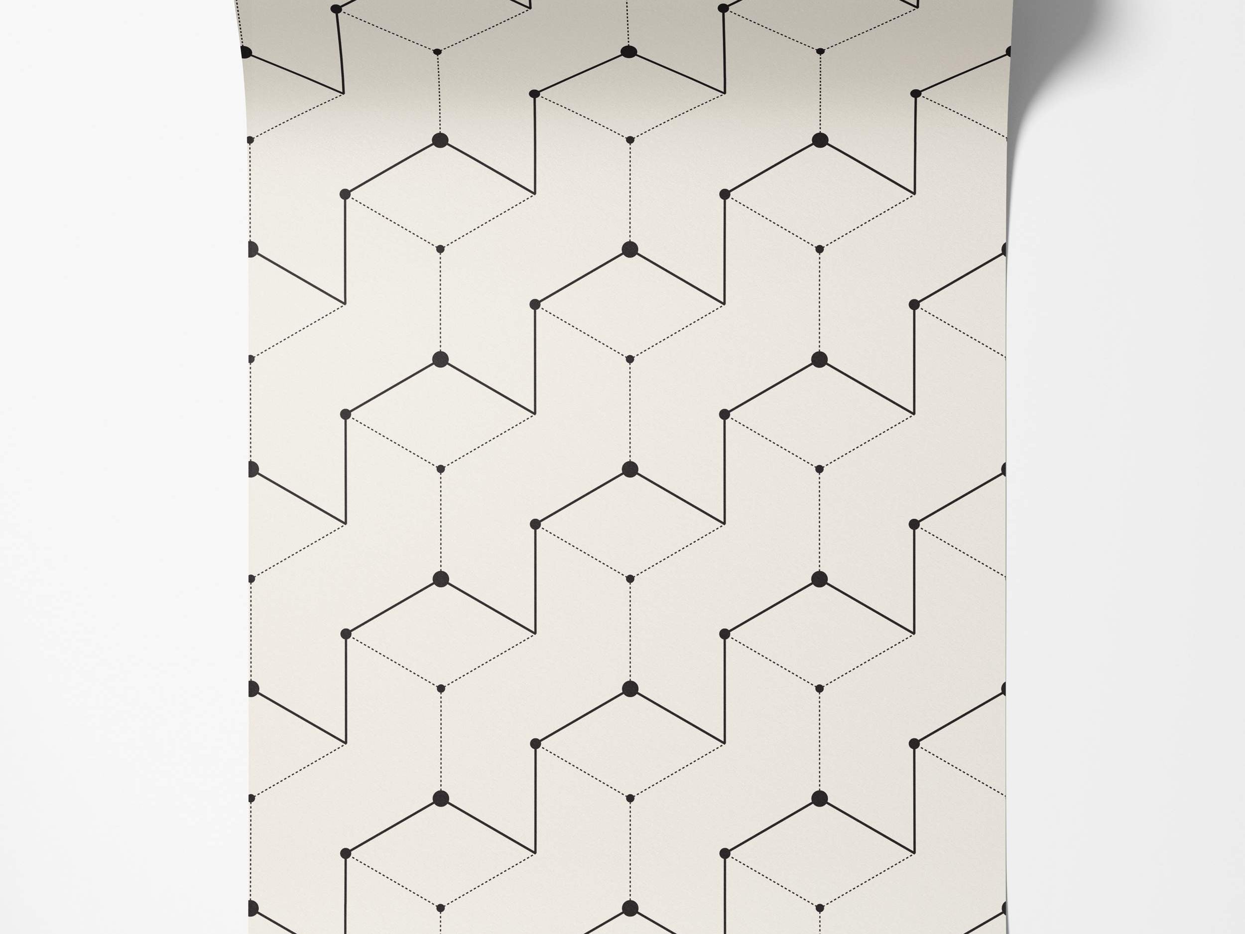 Geometric wallpaper featuring interconnected cubes outlined with black solid and dotted lines and dots on a cream background.