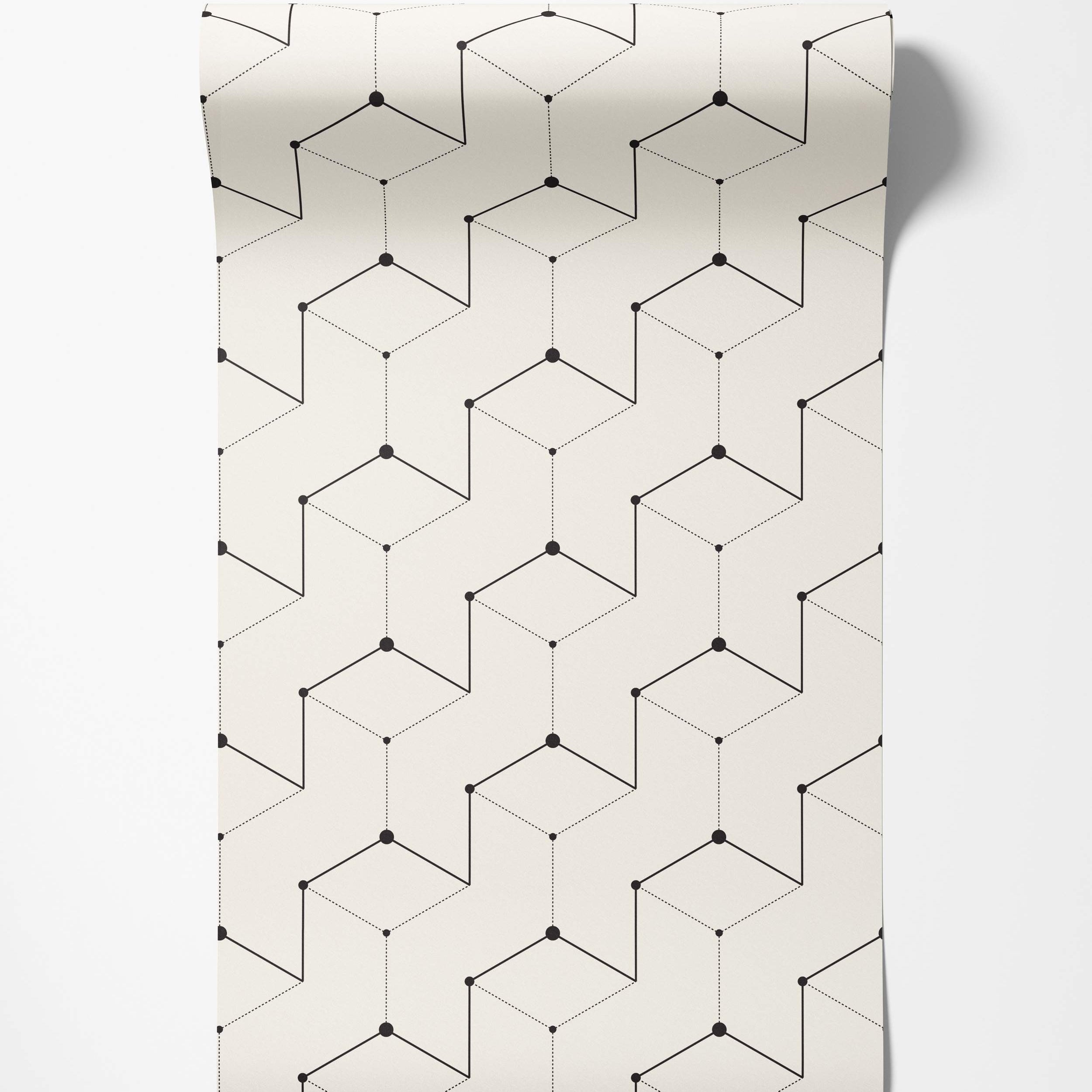 Geometric wallpaper featuring interconnected cubes outlined with black solid and dotted lines and dots on a cream background.