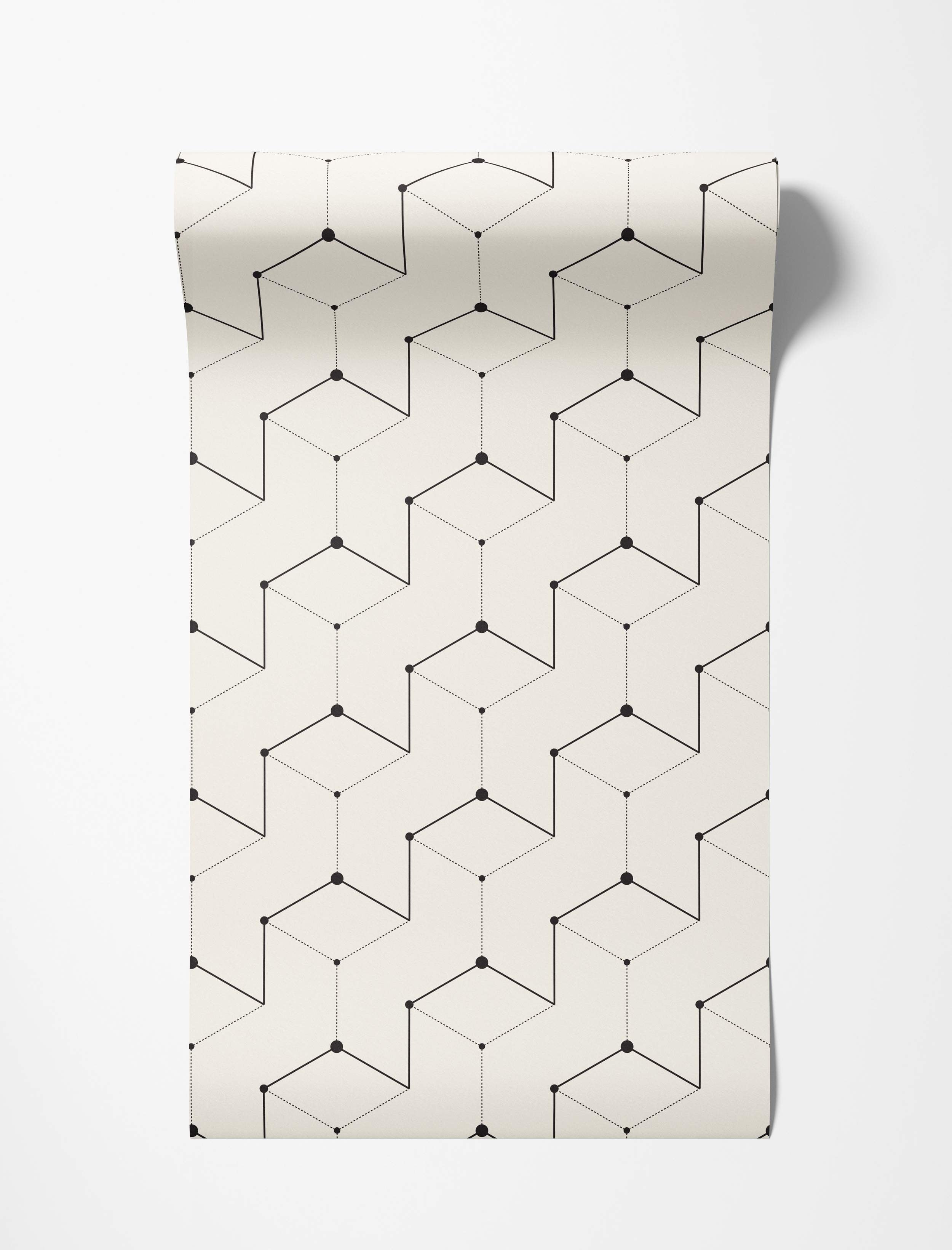 Geometric wallpaper featuring interconnected cubes outlined with black solid and dotted lines and dots on a cream background.