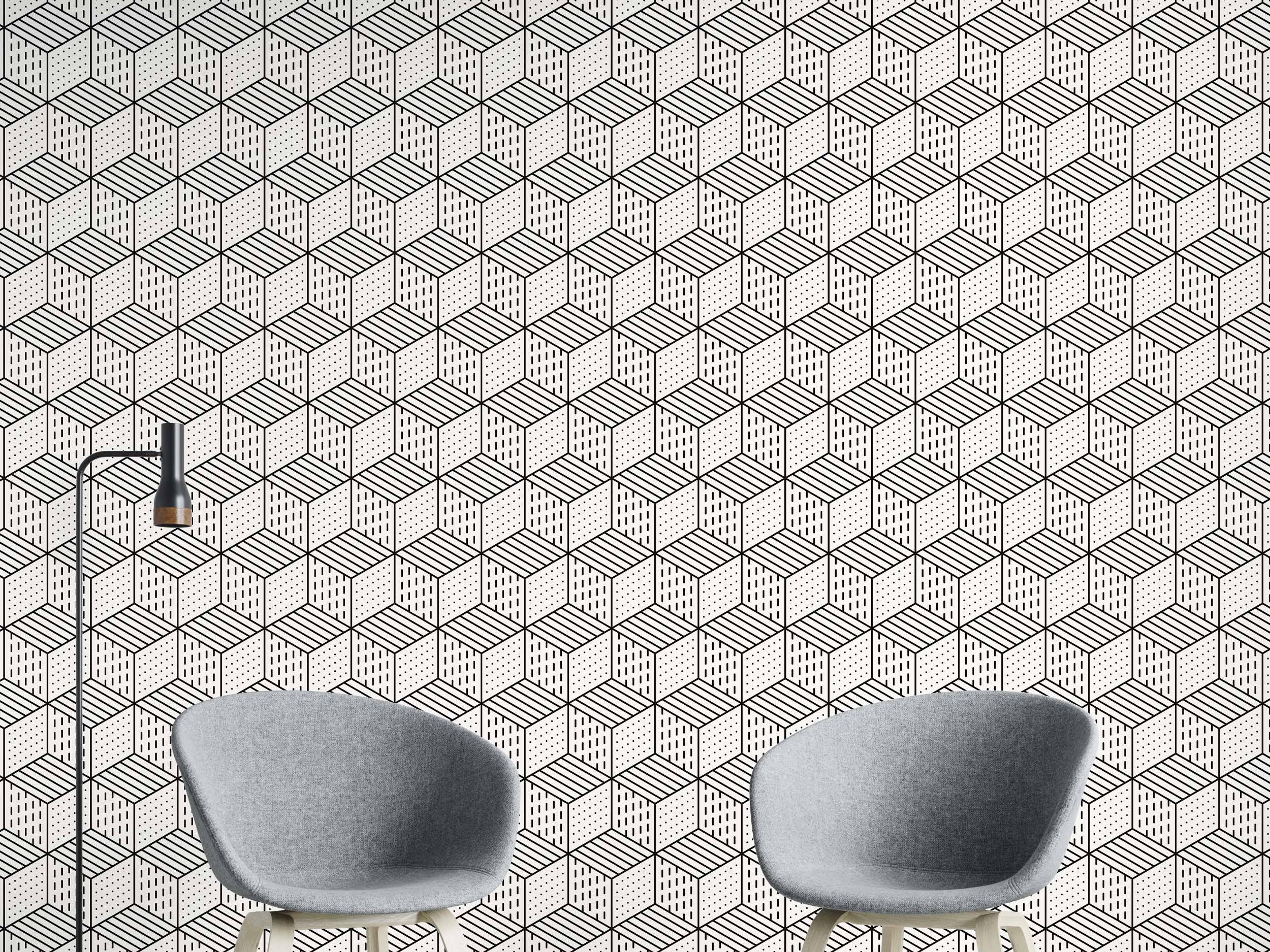 Geometric wallpaper featuring isometric cubes with varied line and dot patterns in black on a white background.