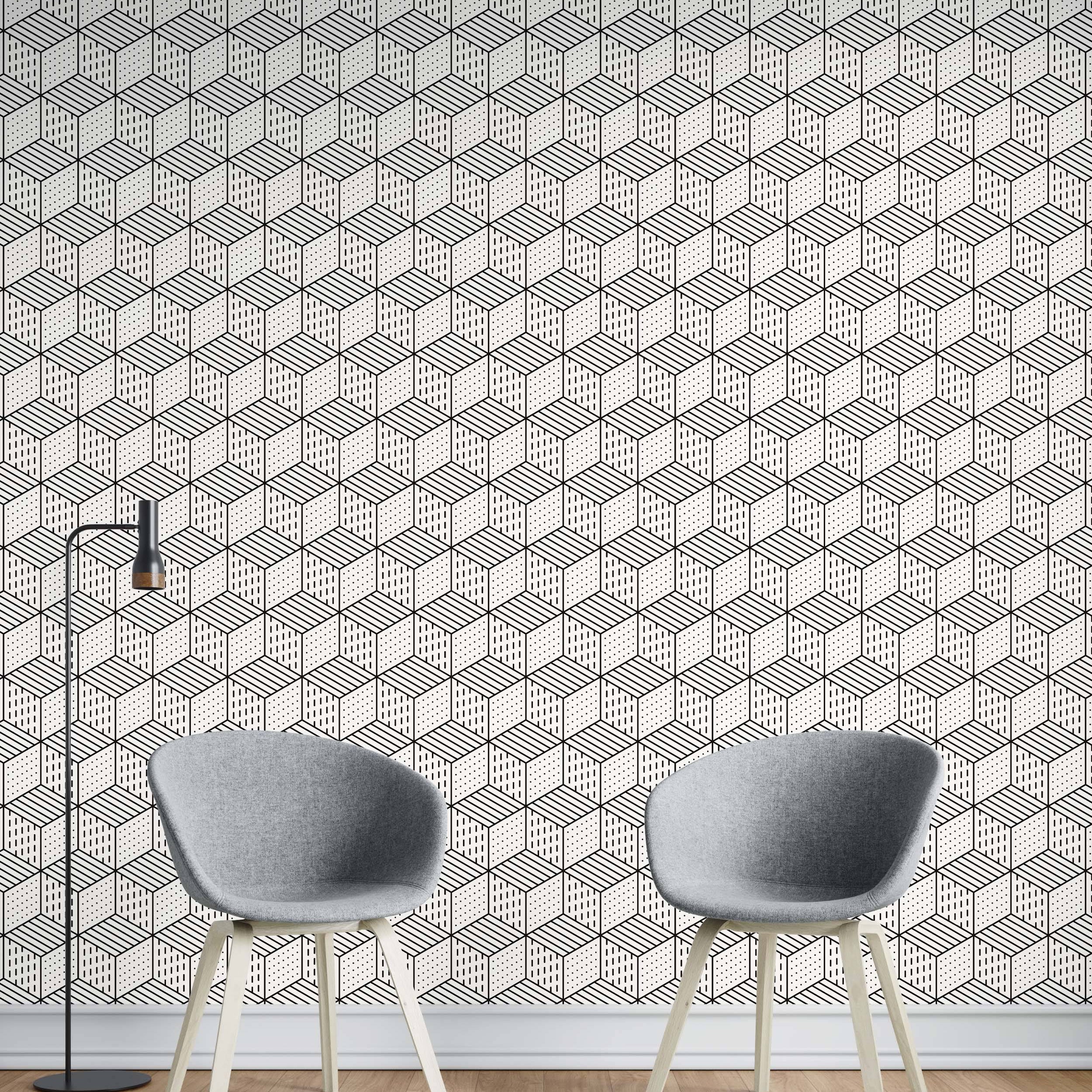 Geometric wallpaper featuring isometric cubes with varied line and dot patterns in black on a white background.