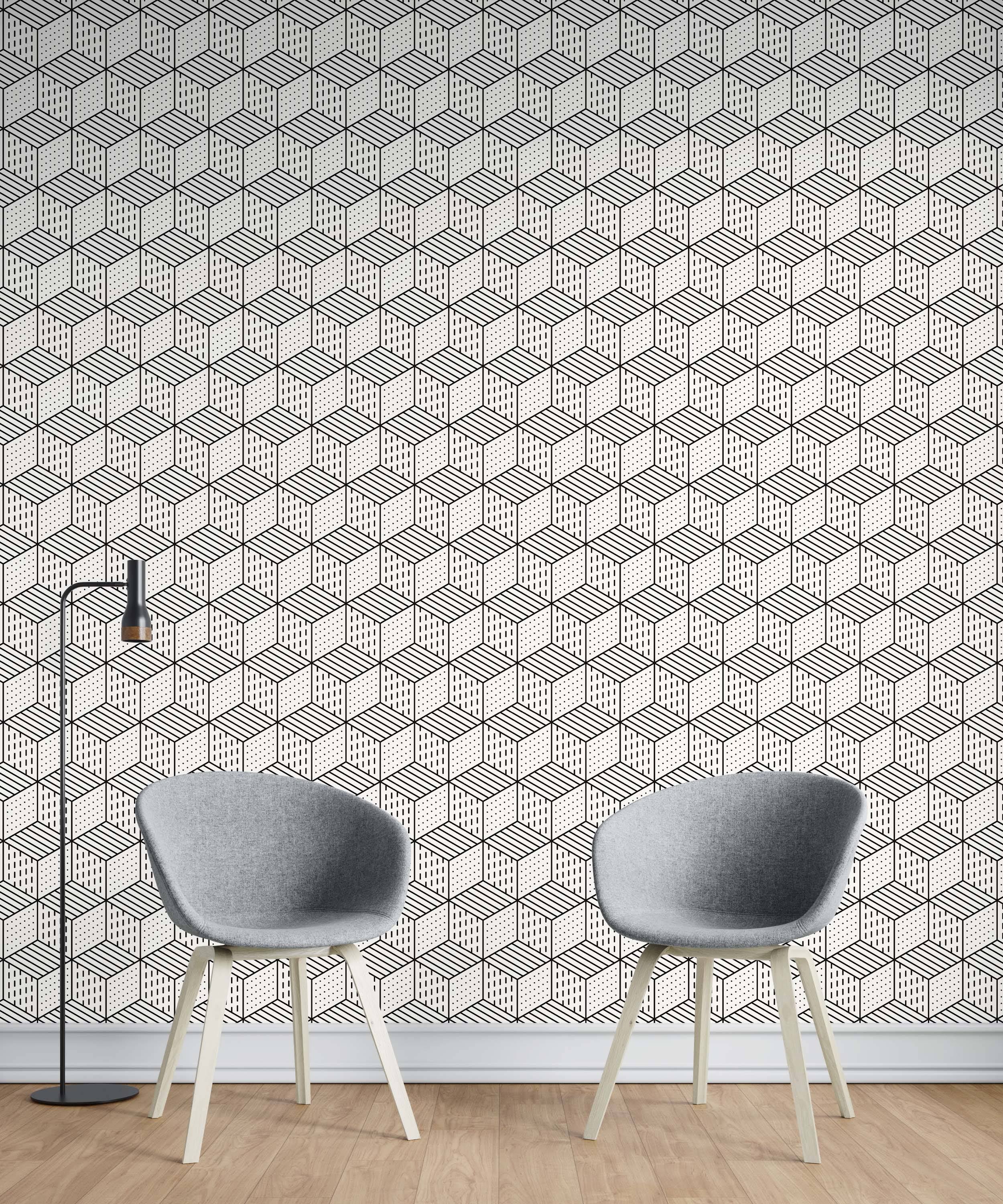Geometric wallpaper featuring isometric cubes with varied line and dot patterns in black on a white background.