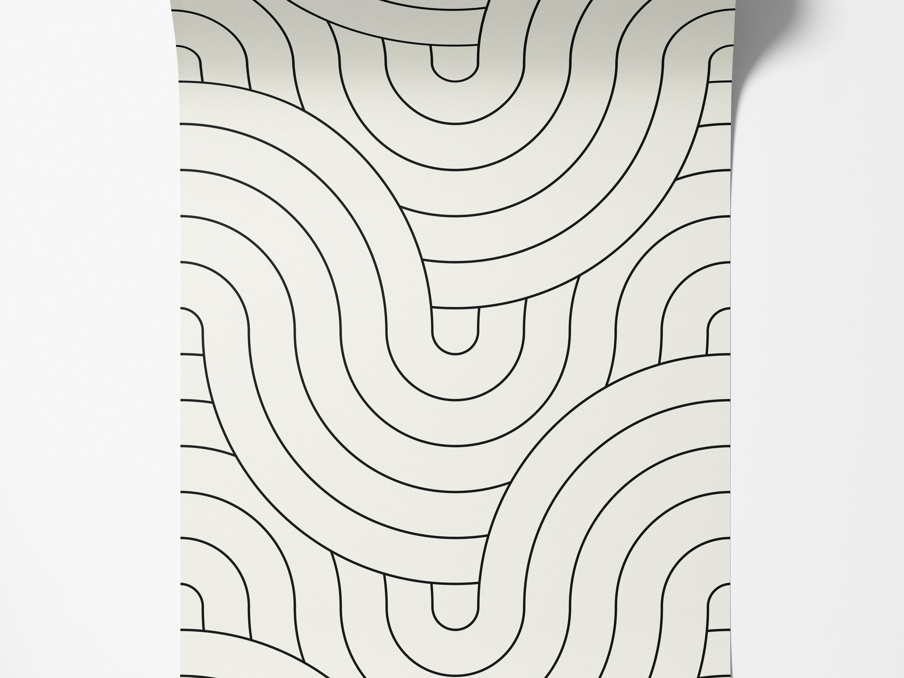 Geometric wallpaper featuring continuous, flowing black lines forming interconnected rounded shapes on an off-white background.