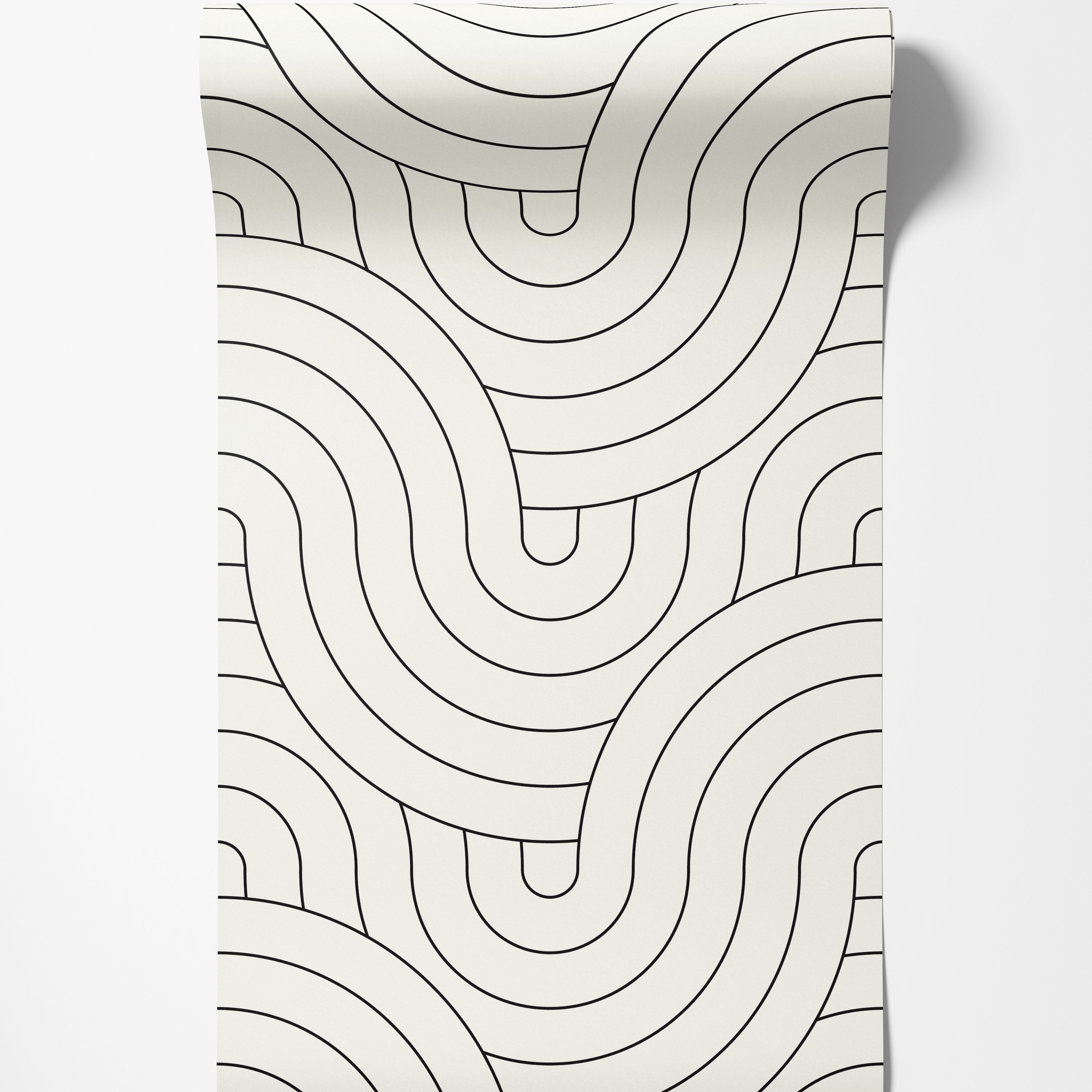 Geometric wallpaper featuring continuous, flowing black lines forming interconnected rounded shapes on an off-white background.