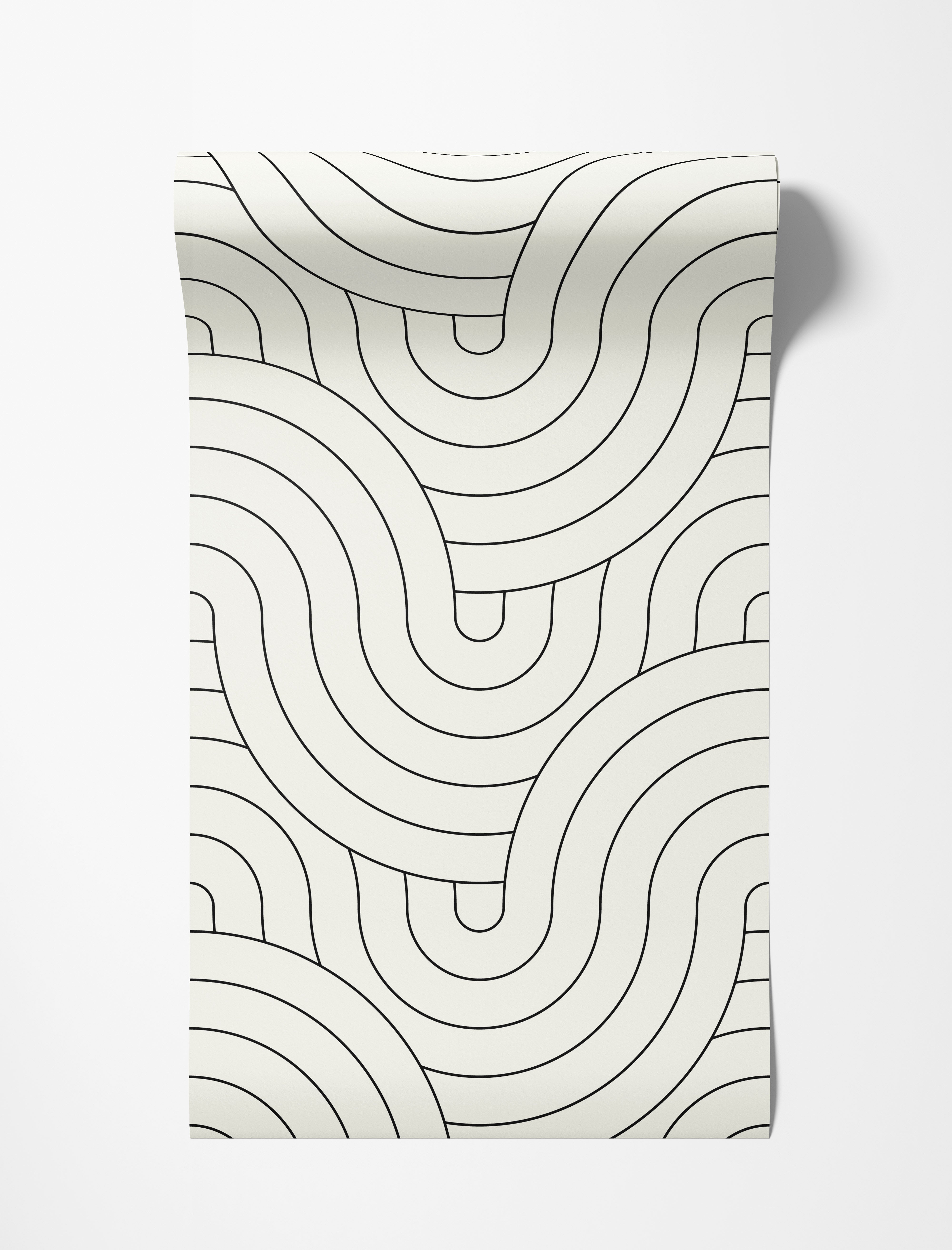 Geometric wallpaper featuring continuous, flowing black lines forming interconnected rounded shapes on an off-white background.
