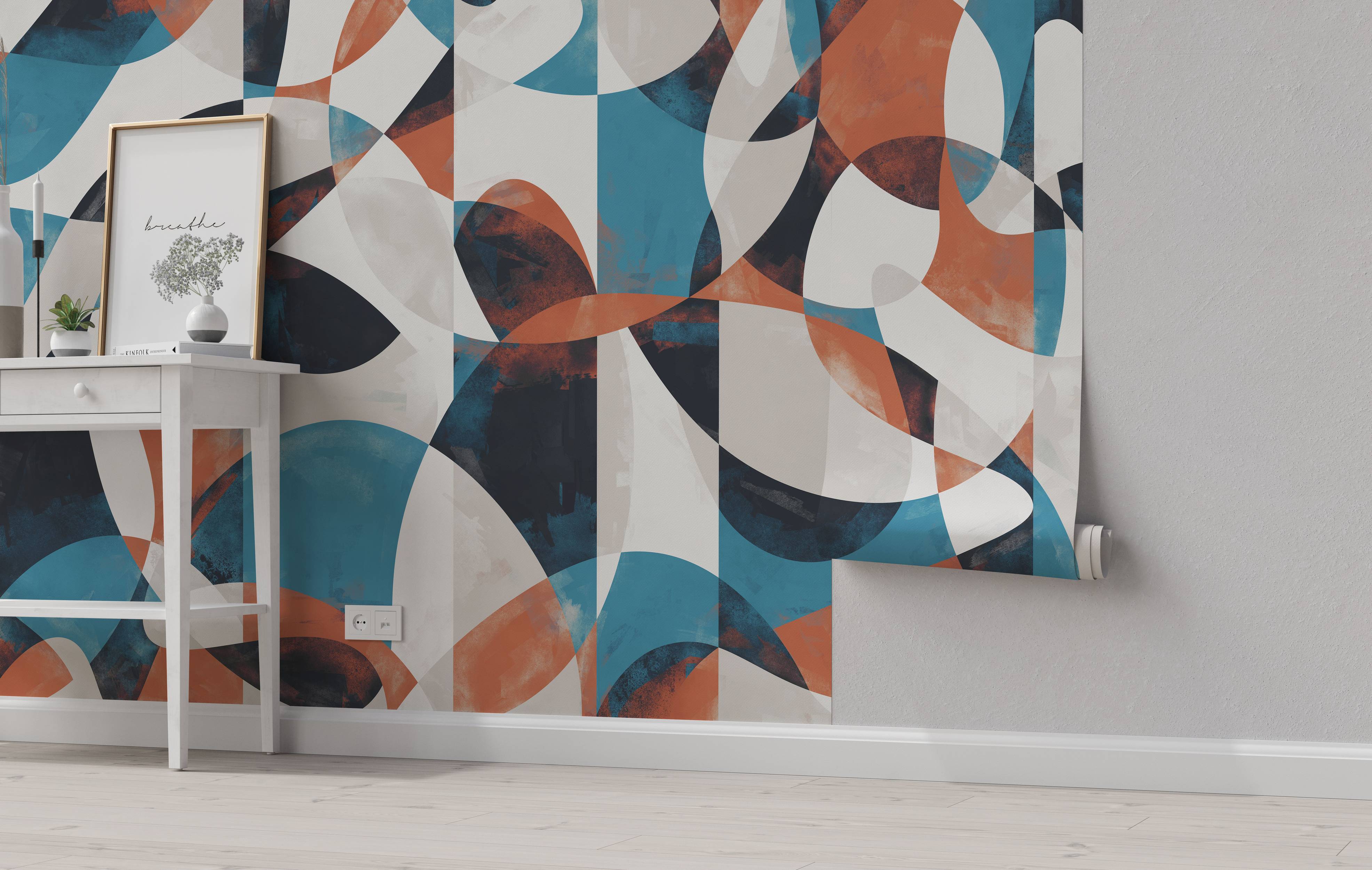 Abstract geometric wallpaper with a pattern of overlapping curved shapes in teal blue, terracotta orange, dark navy, and light gray.