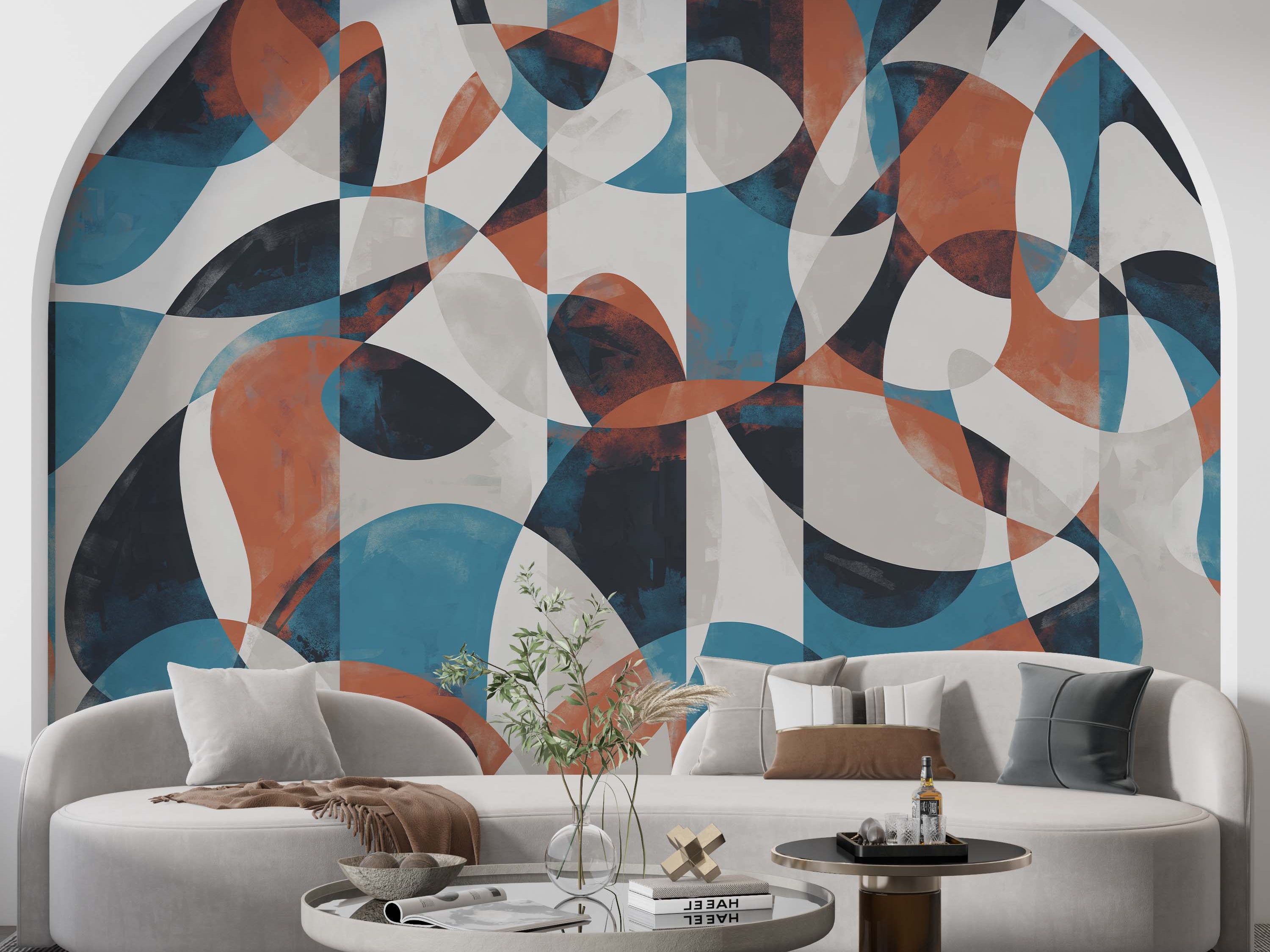 Mural with an abstract geometric pattern of overlapping curved shapes in blue, terracotta, dark gray, and off-white.