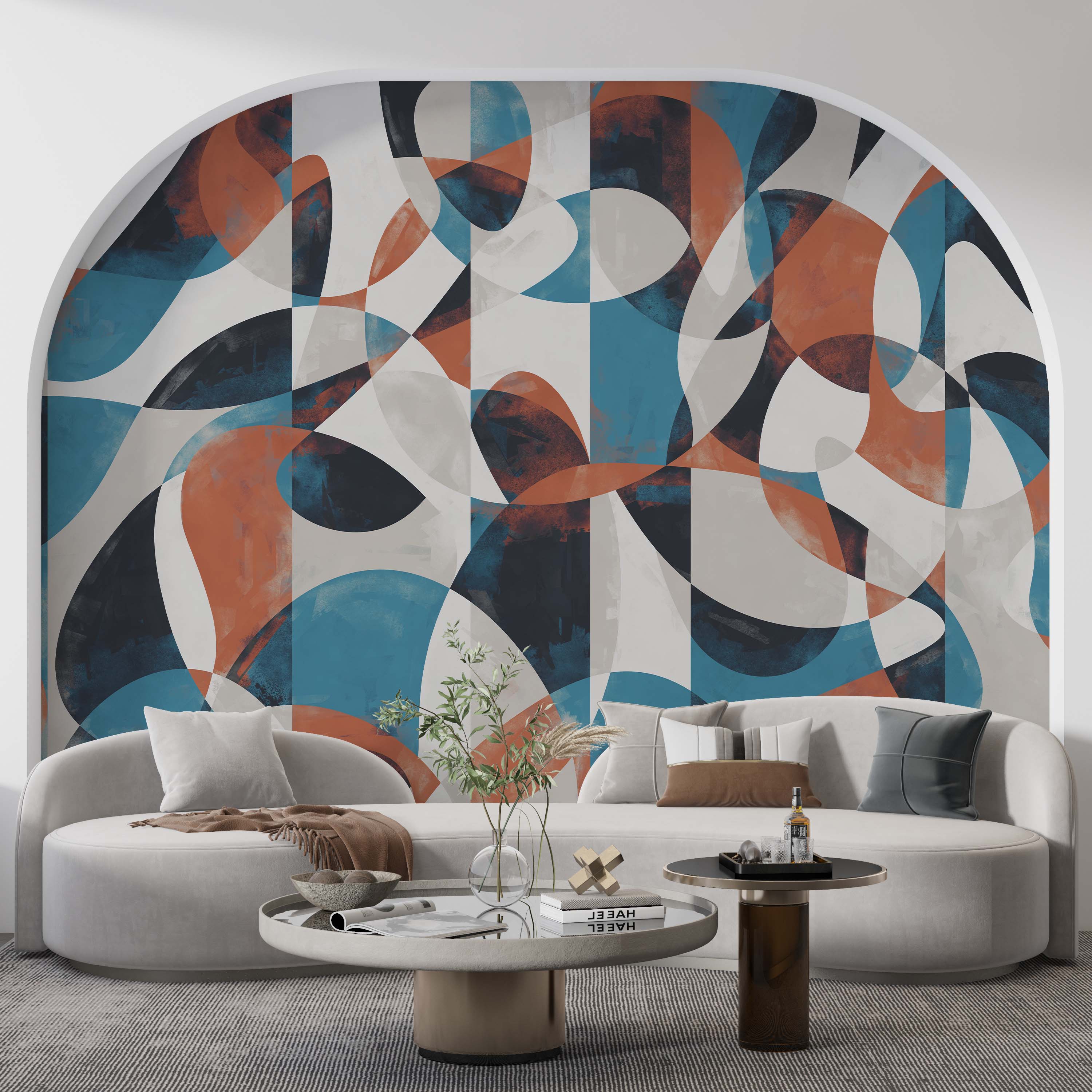 Mural with an abstract geometric pattern of overlapping curved shapes in blue, terracotta, dark gray, and off-white.