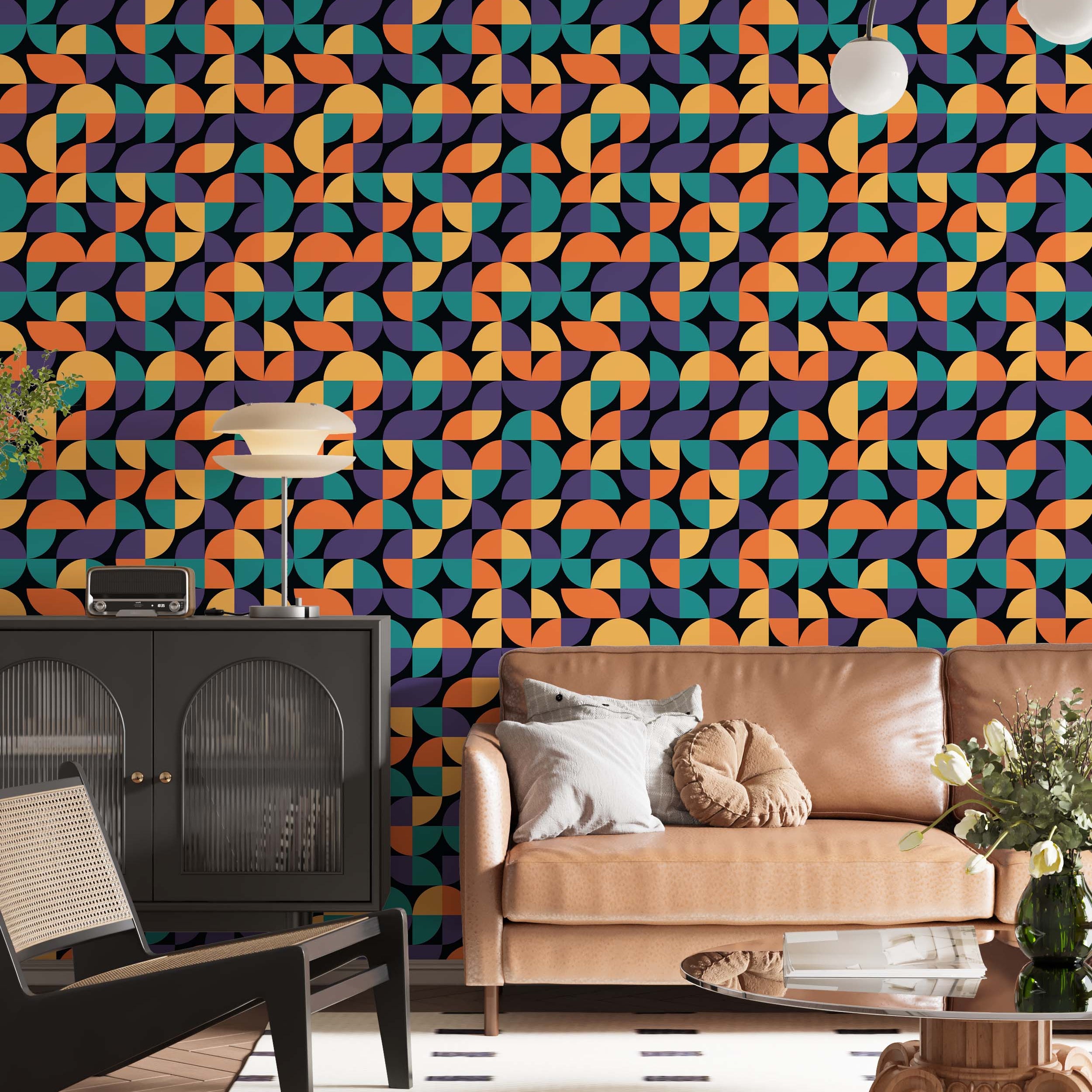 A retro geometric wallpaper with a repeating pattern of curved shapes in teal, orange, yellow, and purple on a black background.