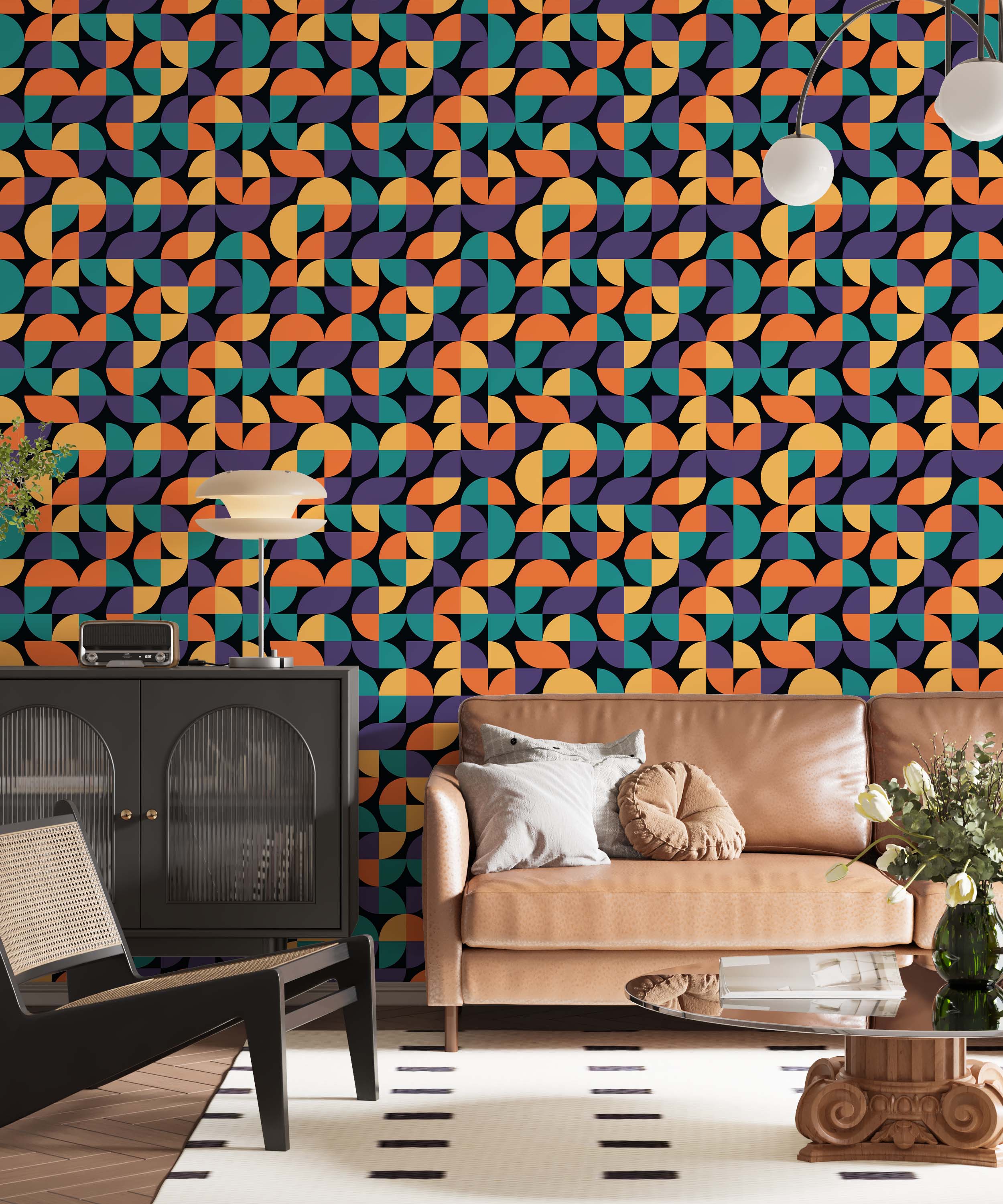 A retro geometric wallpaper with a repeating pattern of curved shapes in teal, orange, yellow, and purple on a black background.