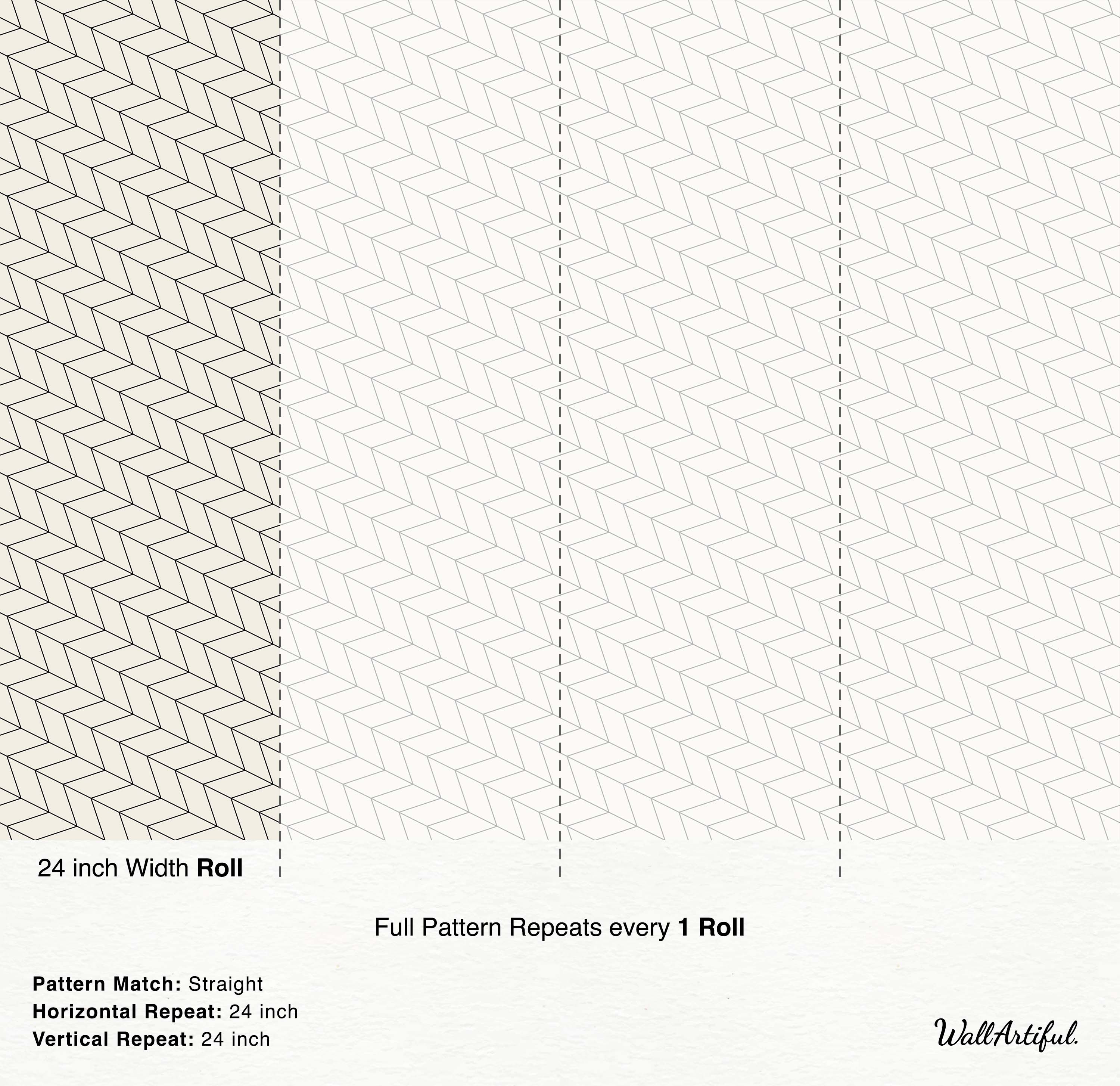 Off-white wallpaper displaying a geometric pattern of thin black lines creating repeating rhombus shapes.