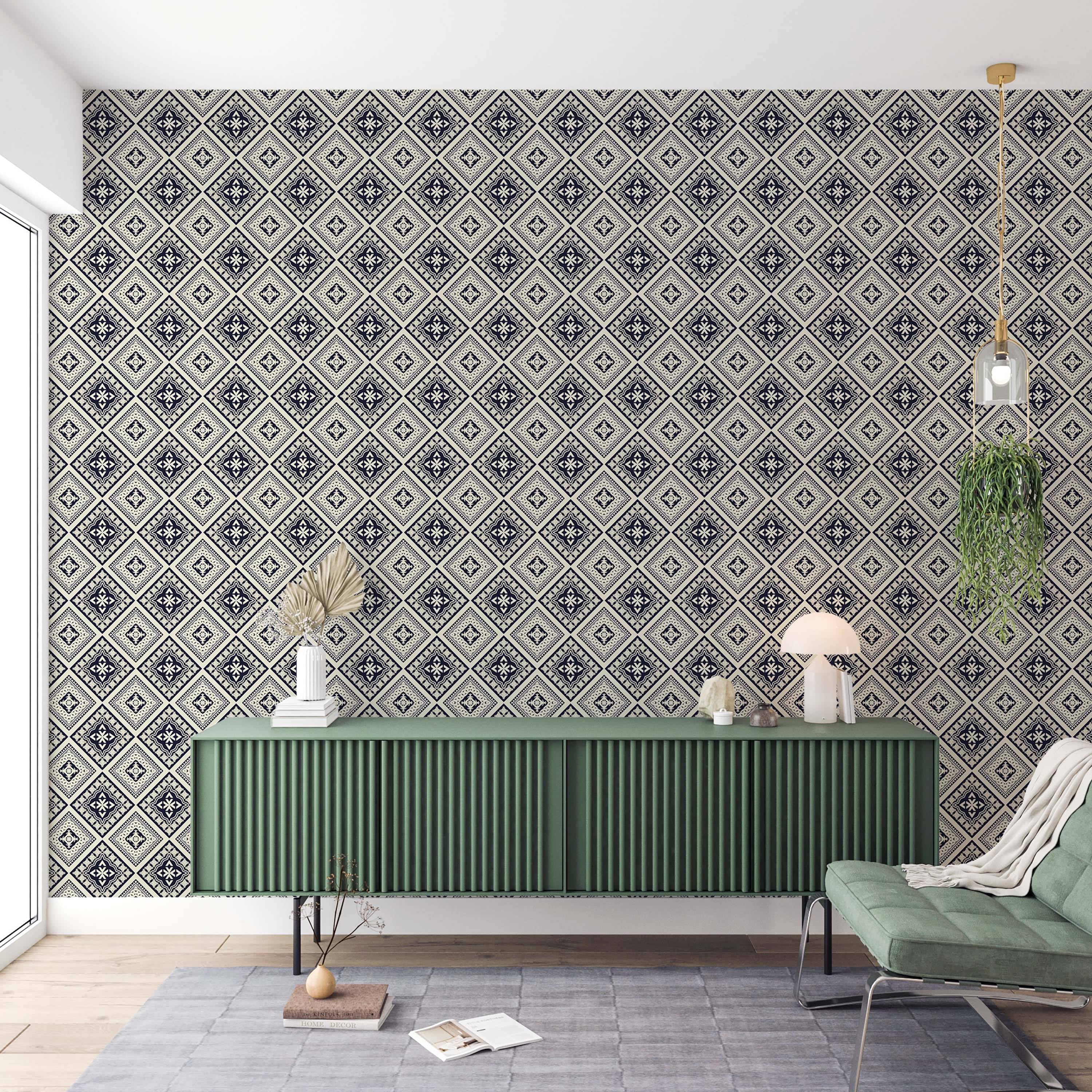 Geometric wallpaper featuring intricate diamond tiles with cross motifs in dark blue, cream, and gray.