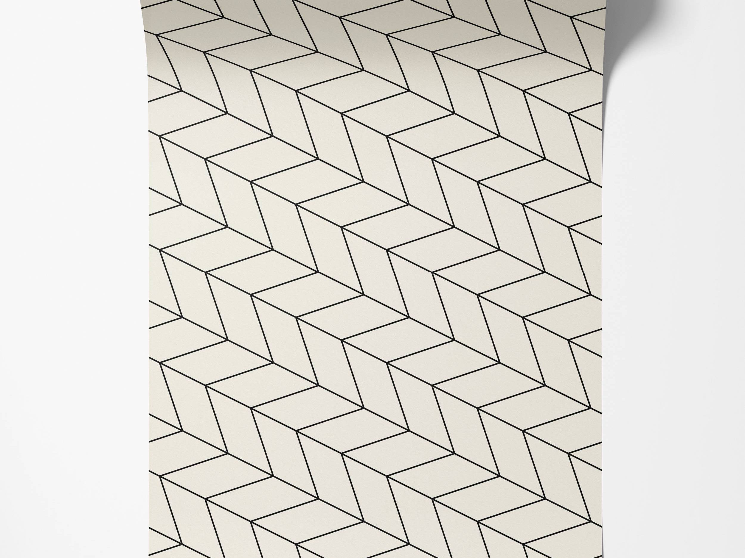 Off-white wallpaper with a geometric design of thin black lines creating a repeating diamond chevron pattern.