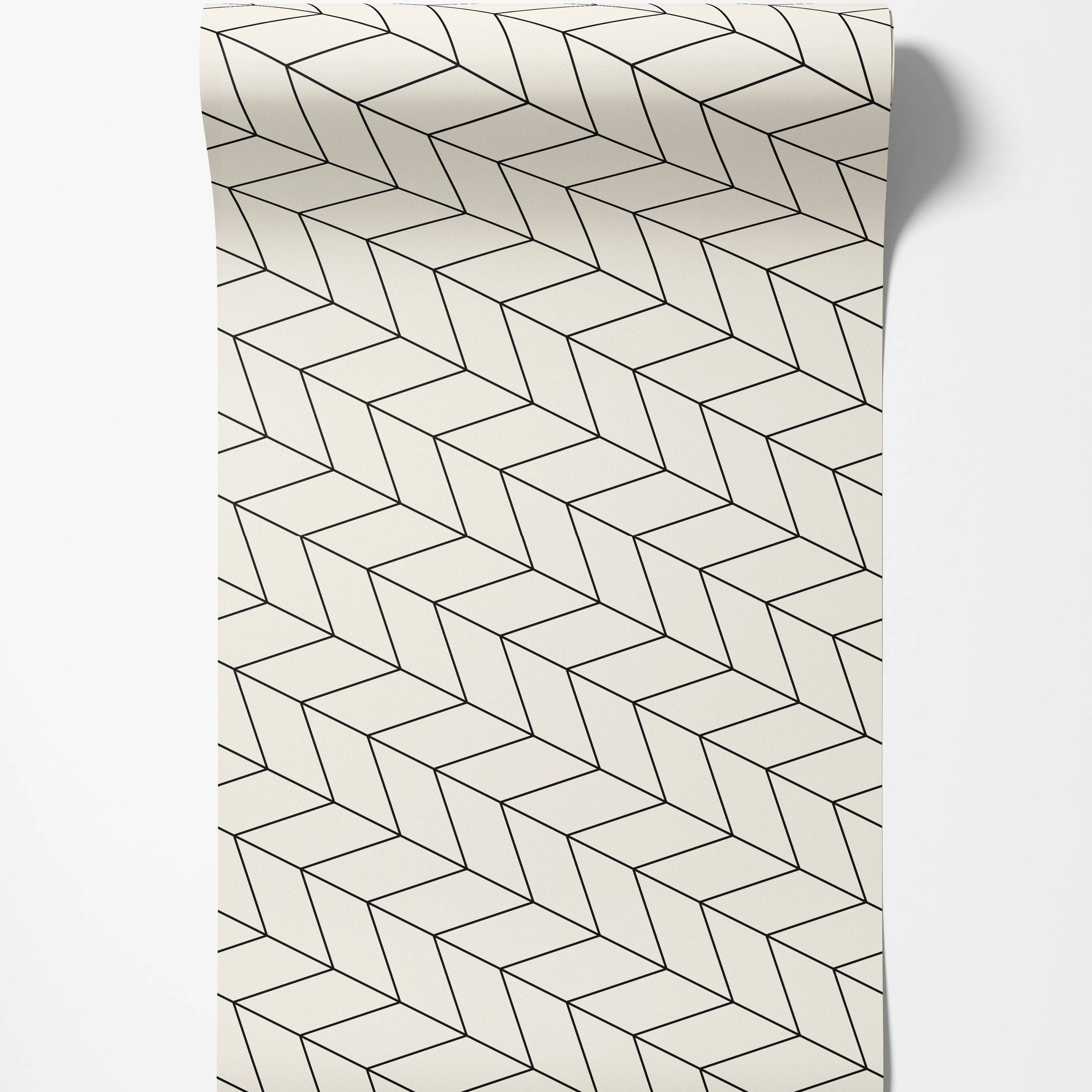 Off-white wallpaper with a geometric design of thin black lines creating a repeating diamond chevron pattern.