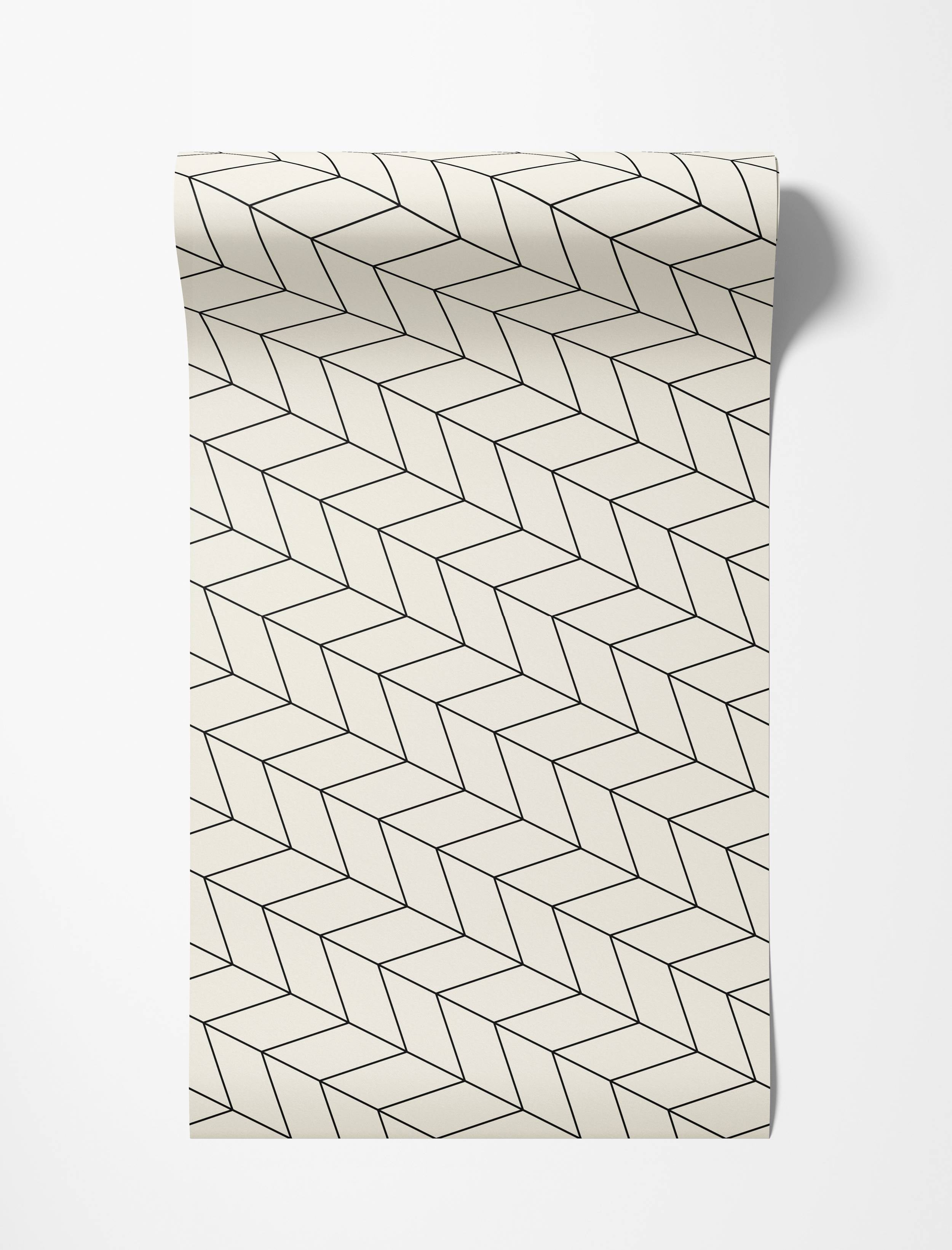Off-white wallpaper with a geometric design of thin black lines creating a repeating diamond chevron pattern.