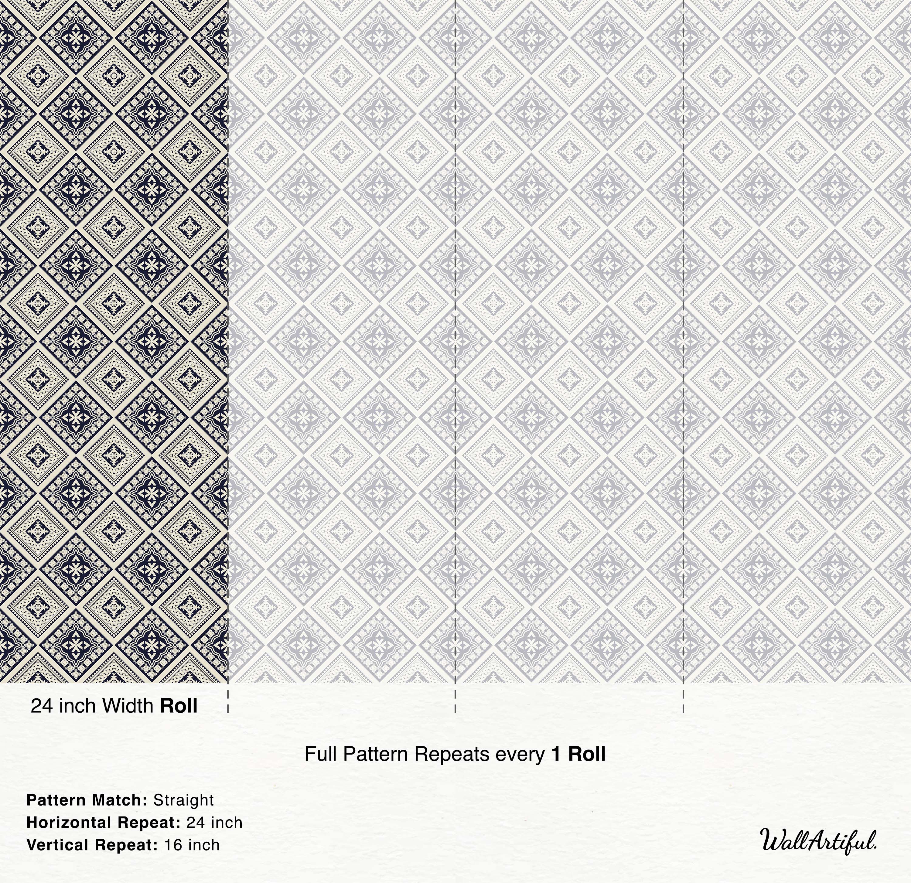 Geometric diamond wallpaper with alternating navy blue and cream motifs, framed by triangular borders.
