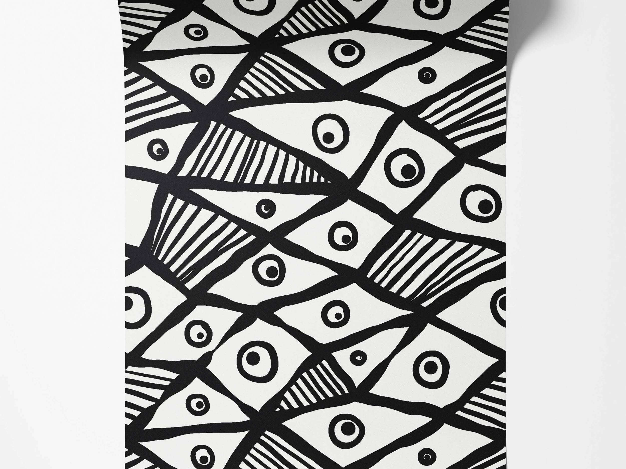 Bold black and white wallpaper featuring an abstract geometric pattern of interlocking eye-like shapes and diagonal stripes.