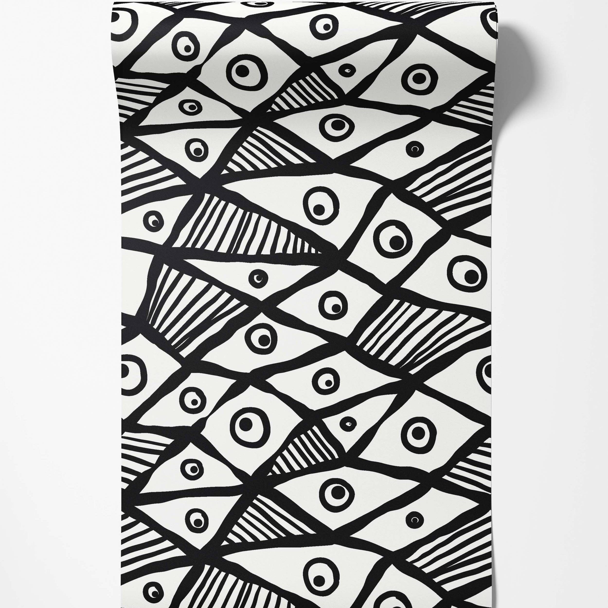 Bold black and white wallpaper featuring an abstract geometric pattern of interlocking eye-like shapes and diagonal stripes.