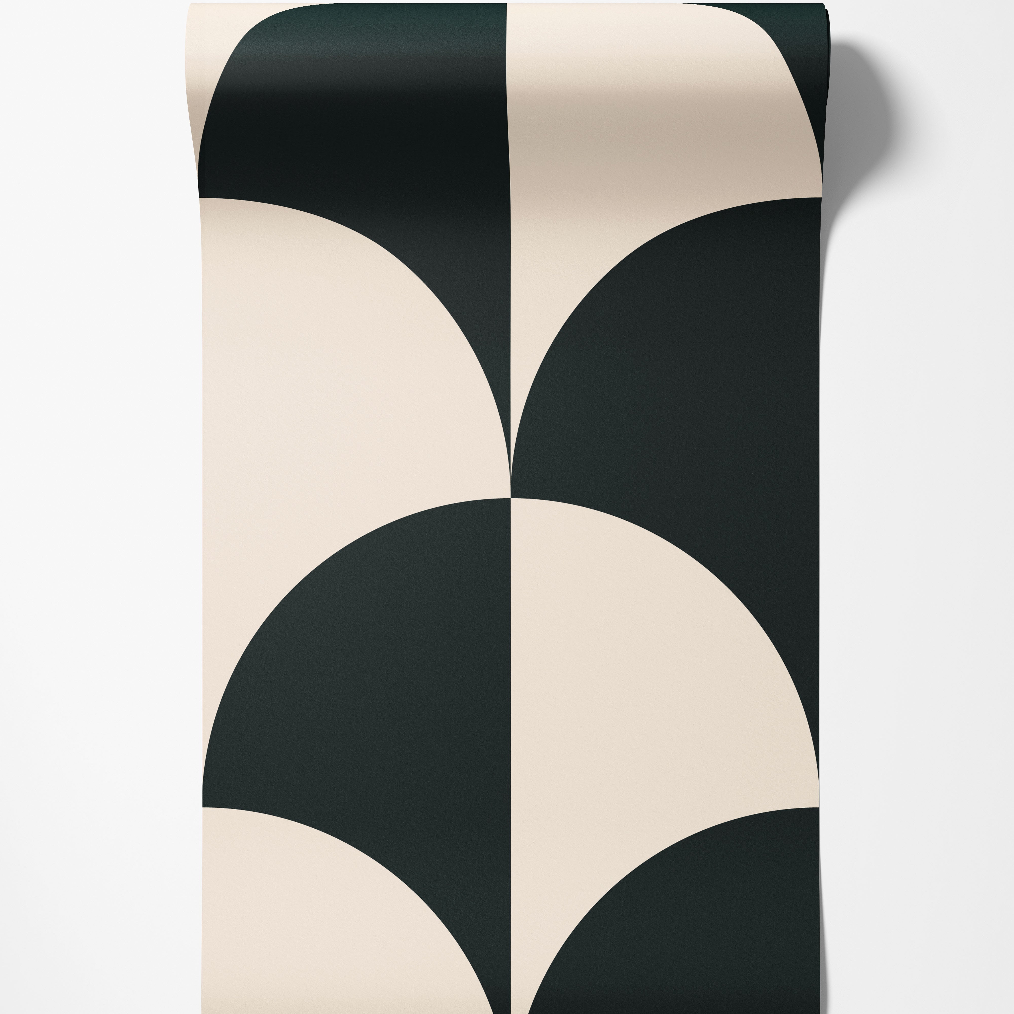 Geometric wallpaper featuring a bold, repeating pattern of interlocking black and beige quarter-circle fan shapes.