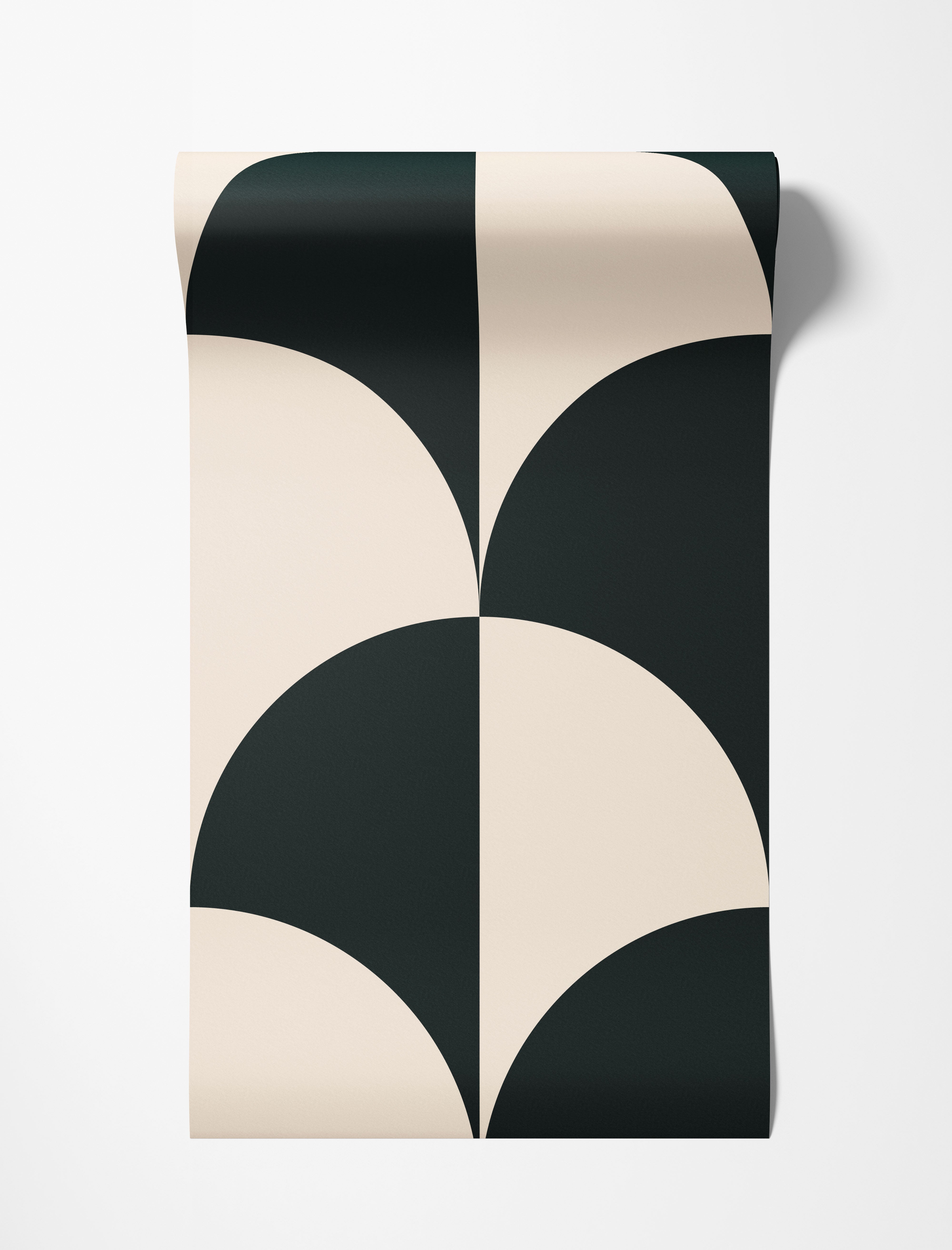Geometric wallpaper featuring a bold, repeating pattern of interlocking black and beige quarter-circle fan shapes.