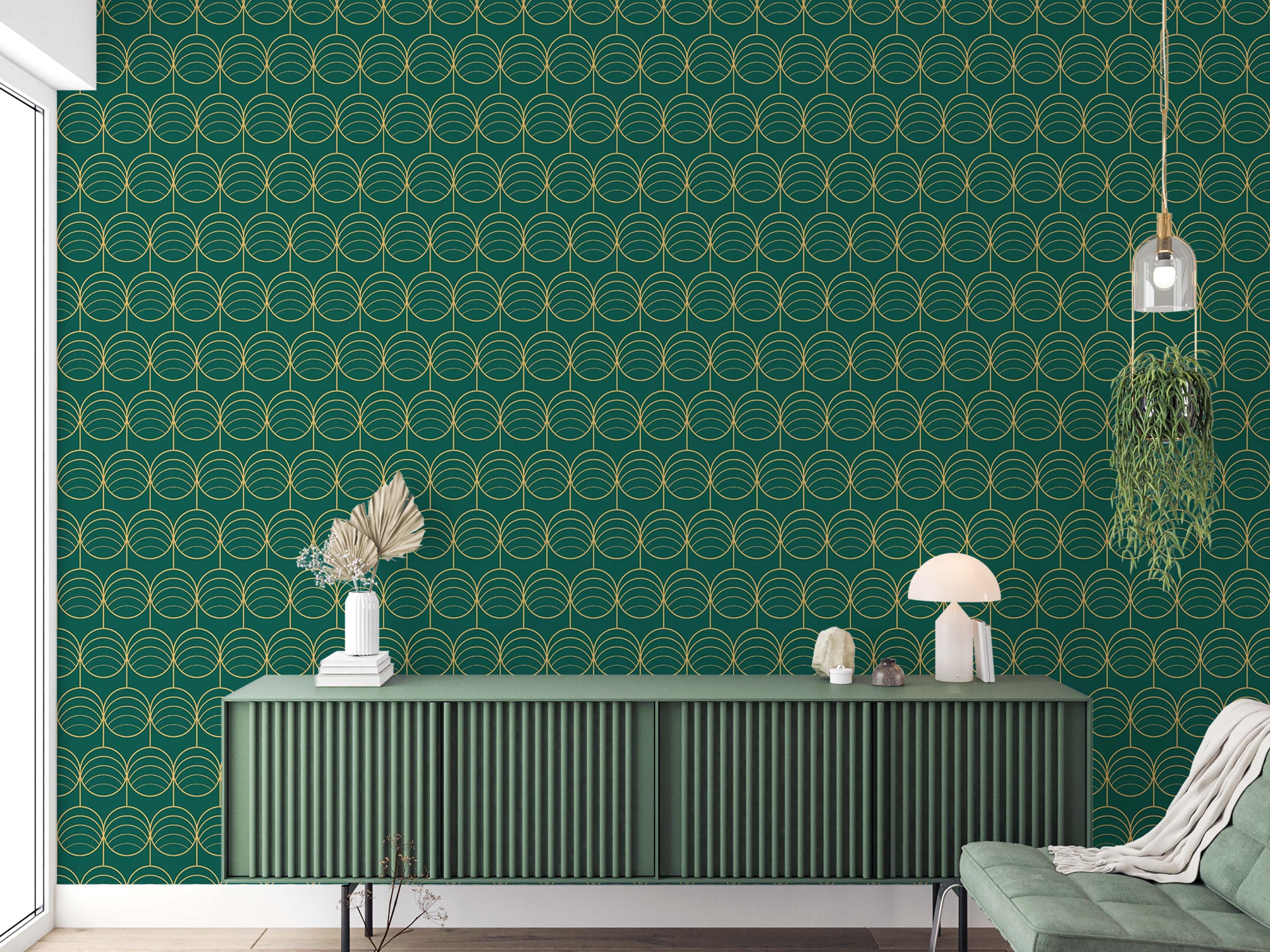 Geometric wallpaper with a repeating pattern of golden outlined, fan-shaped motifs on a dark green background.