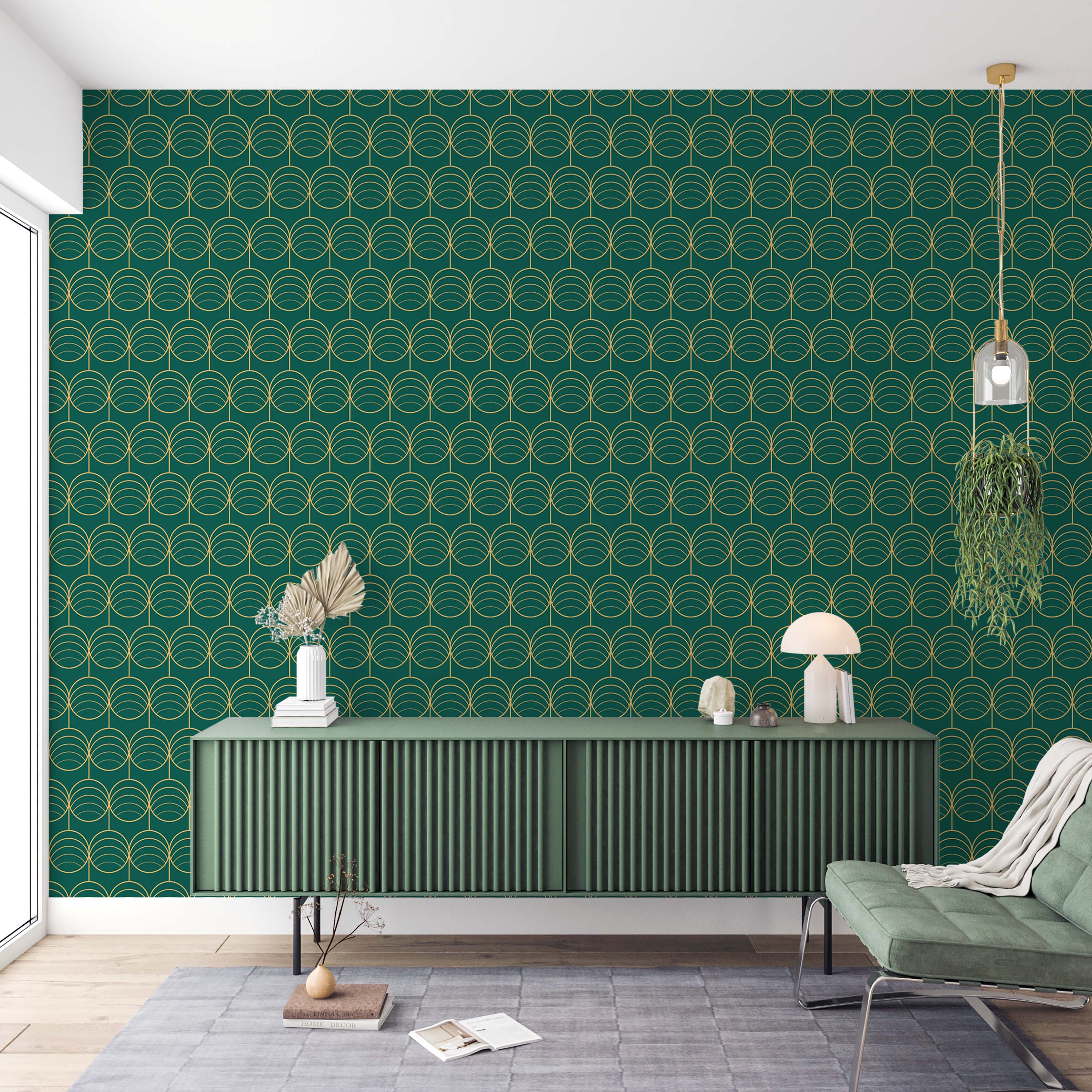 Geometric wallpaper with a repeating pattern of golden outlined, fan-shaped motifs on a dark green background.