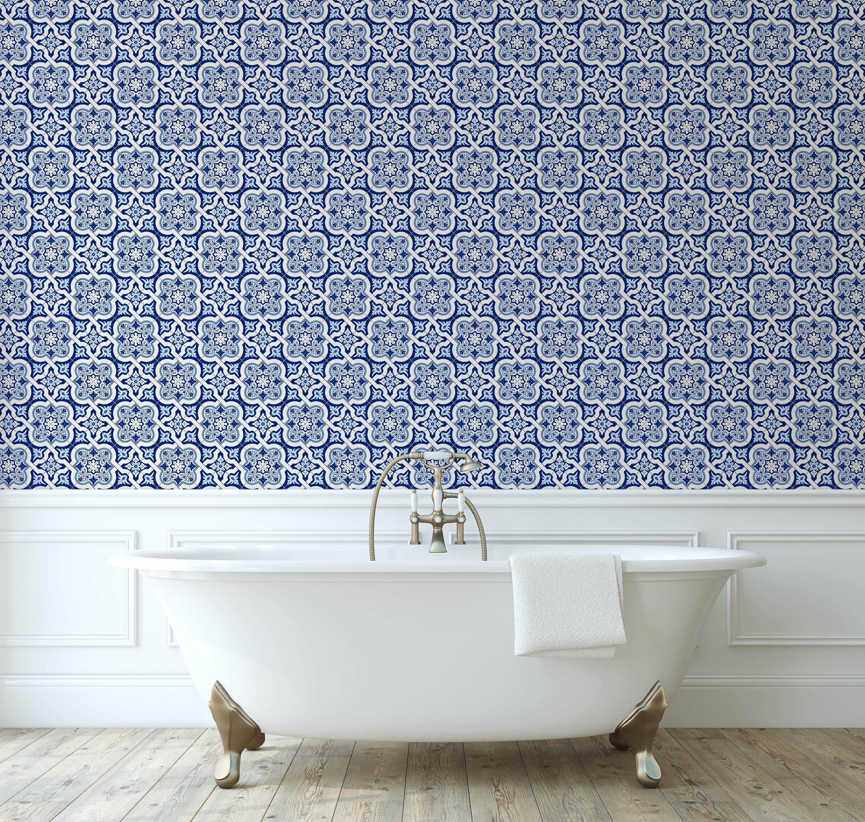 Intricate blue and white wallpaper with a repeating pattern of geometric and floral tile designs.