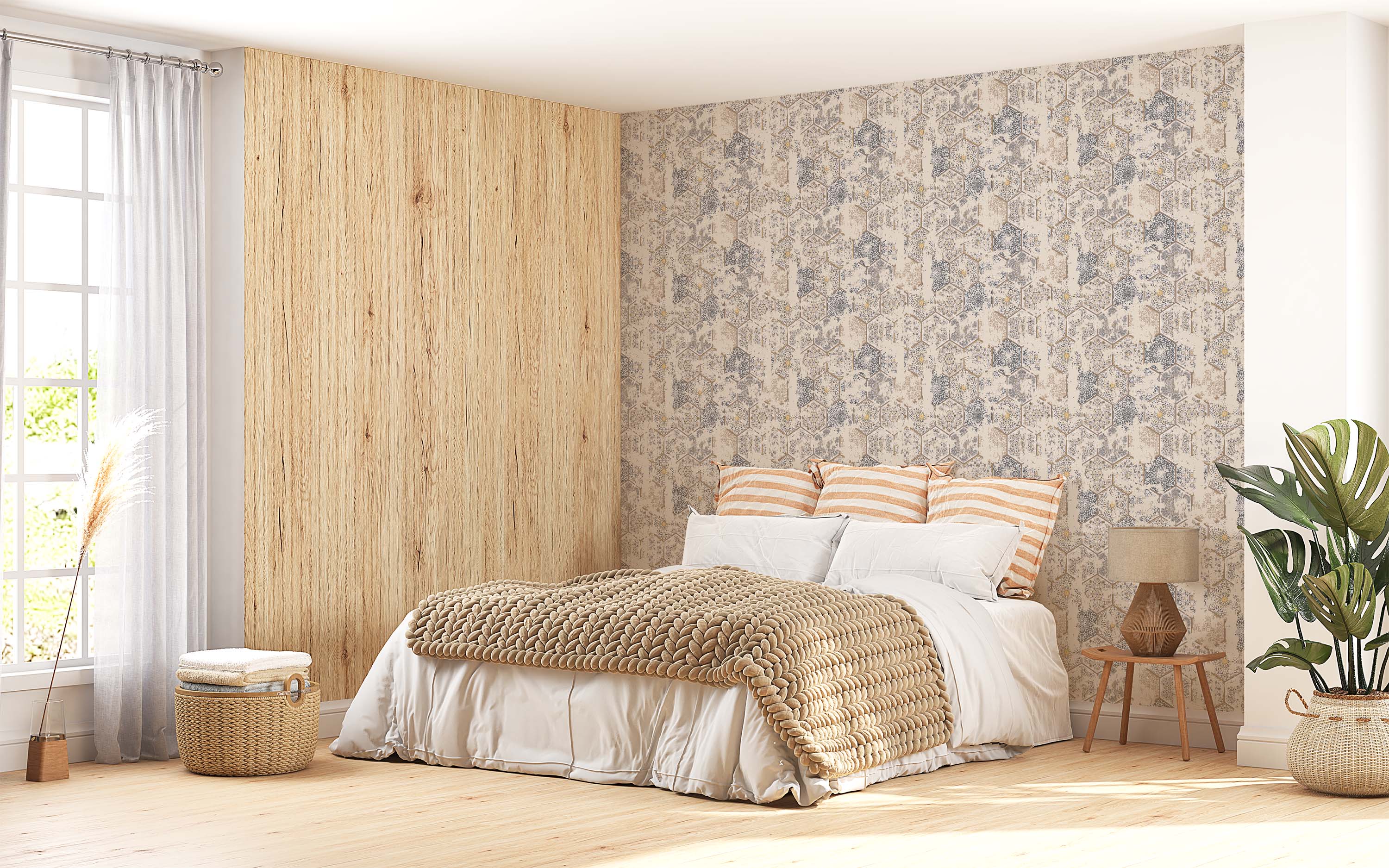 Wallpaper featuring a geometric pattern of distressed hexagons with intricate blue, gray, and yellow motifs on a cream field.