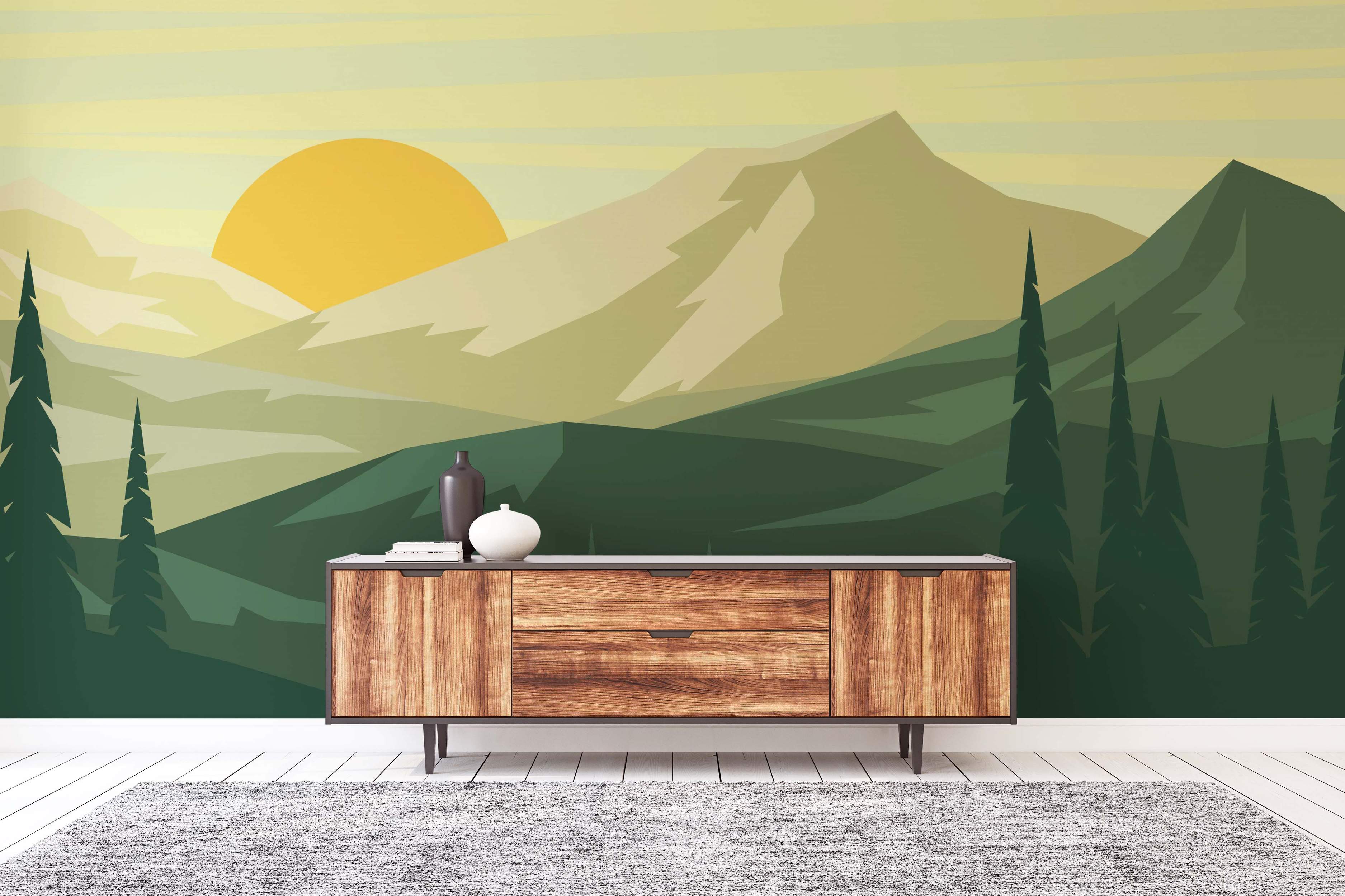 Geometric mountain landscape mural with a yellow sun, evergreen trees, and rolling hills in shades of green and beige.