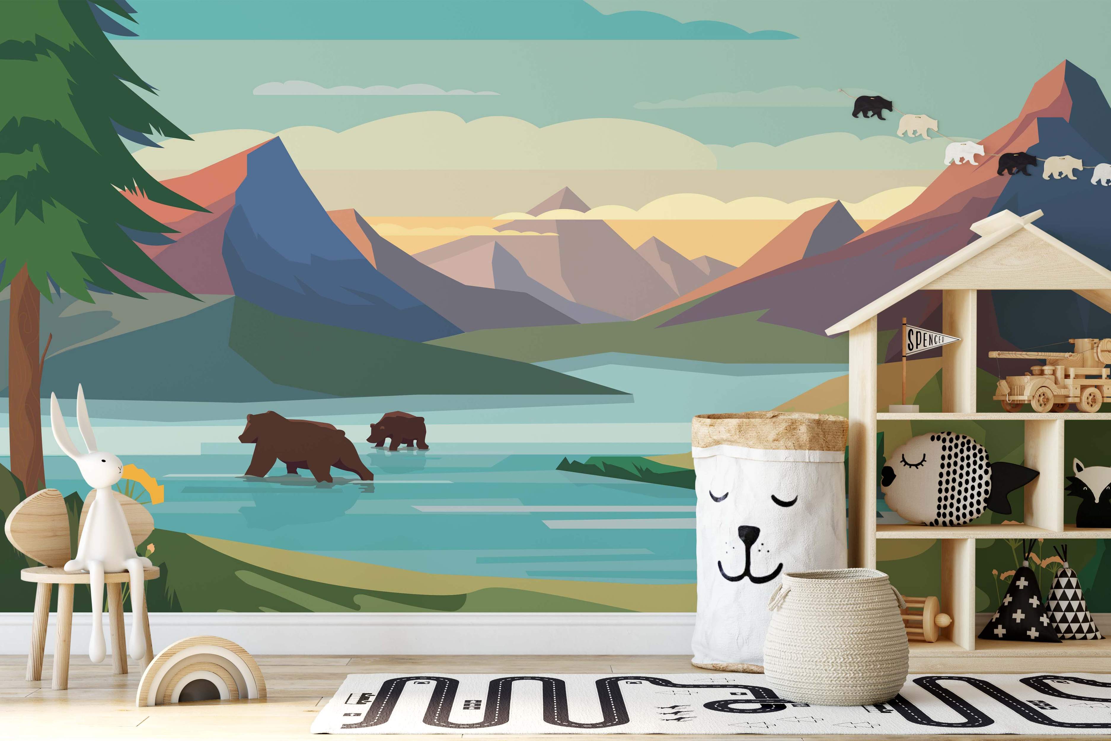 Stylized geometric landscape mural featuring mountains, a lake, and bears in blues, greens, browns, and oranges.