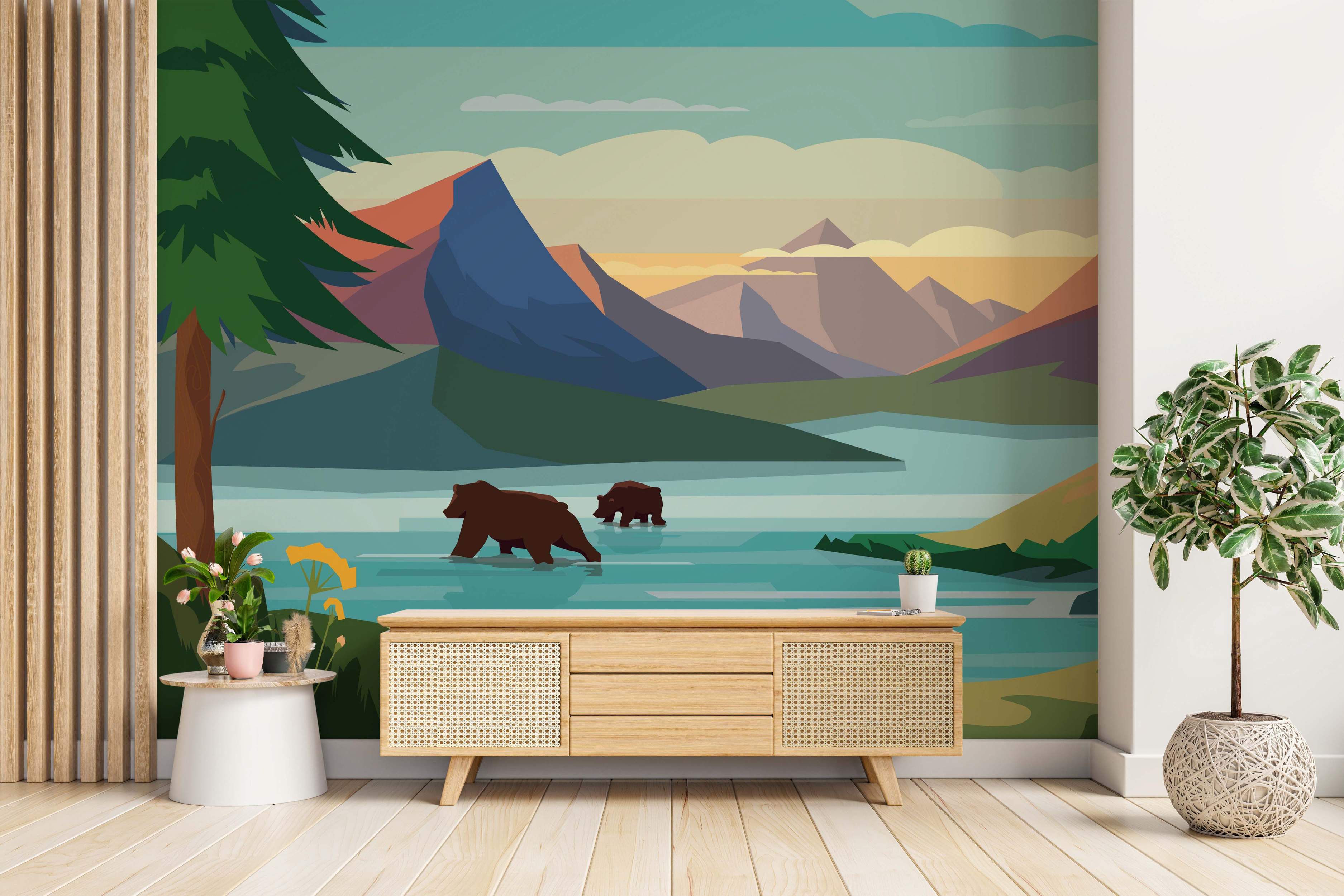 Geometric illustrated mural of a mountain landscape with a lake, pine tree, and two bears wading. Features blue, green, and brown tones.