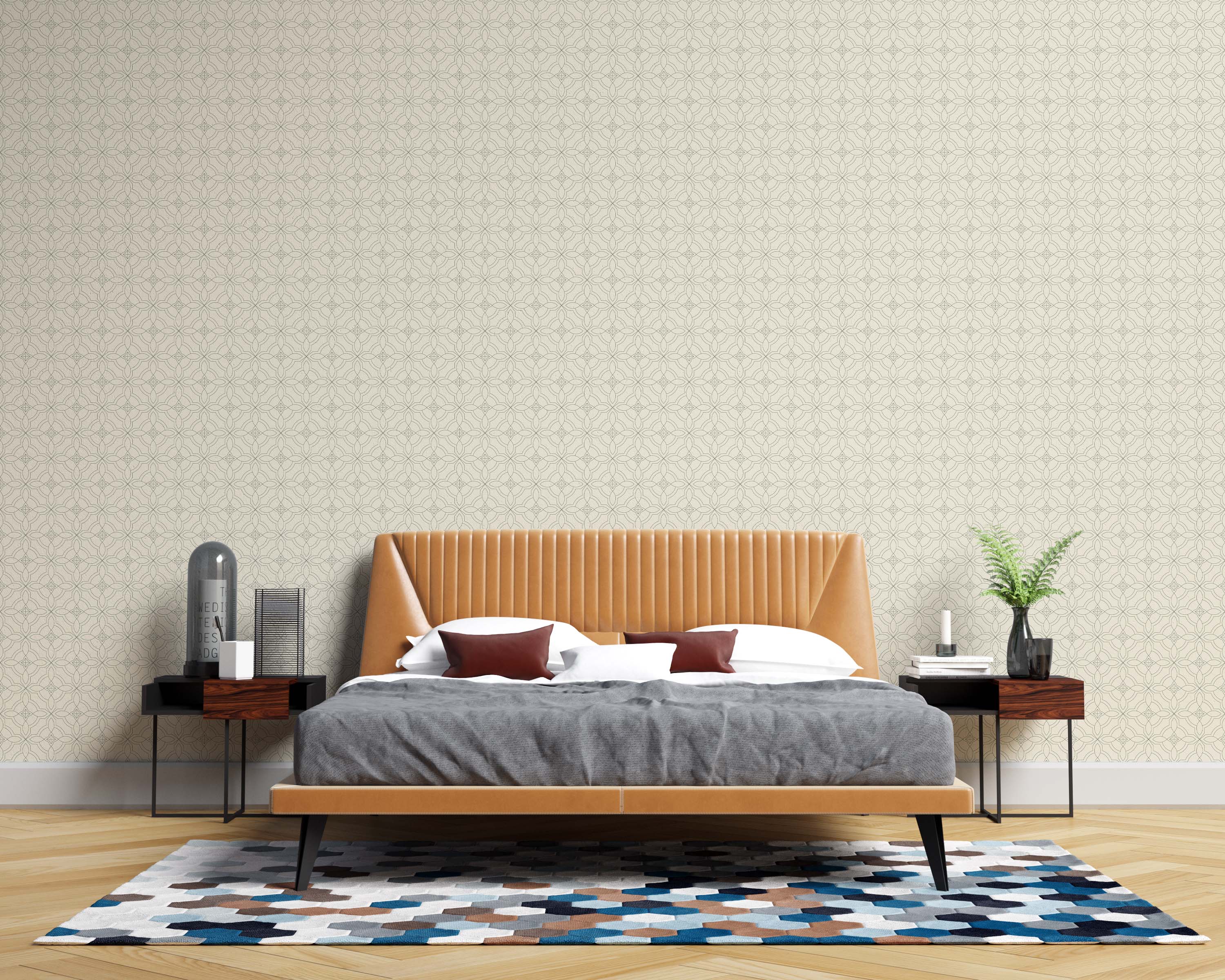 Wallpaper with a delicate geometric lattice pattern of thin gray interlocking circles on a light beige textured background.