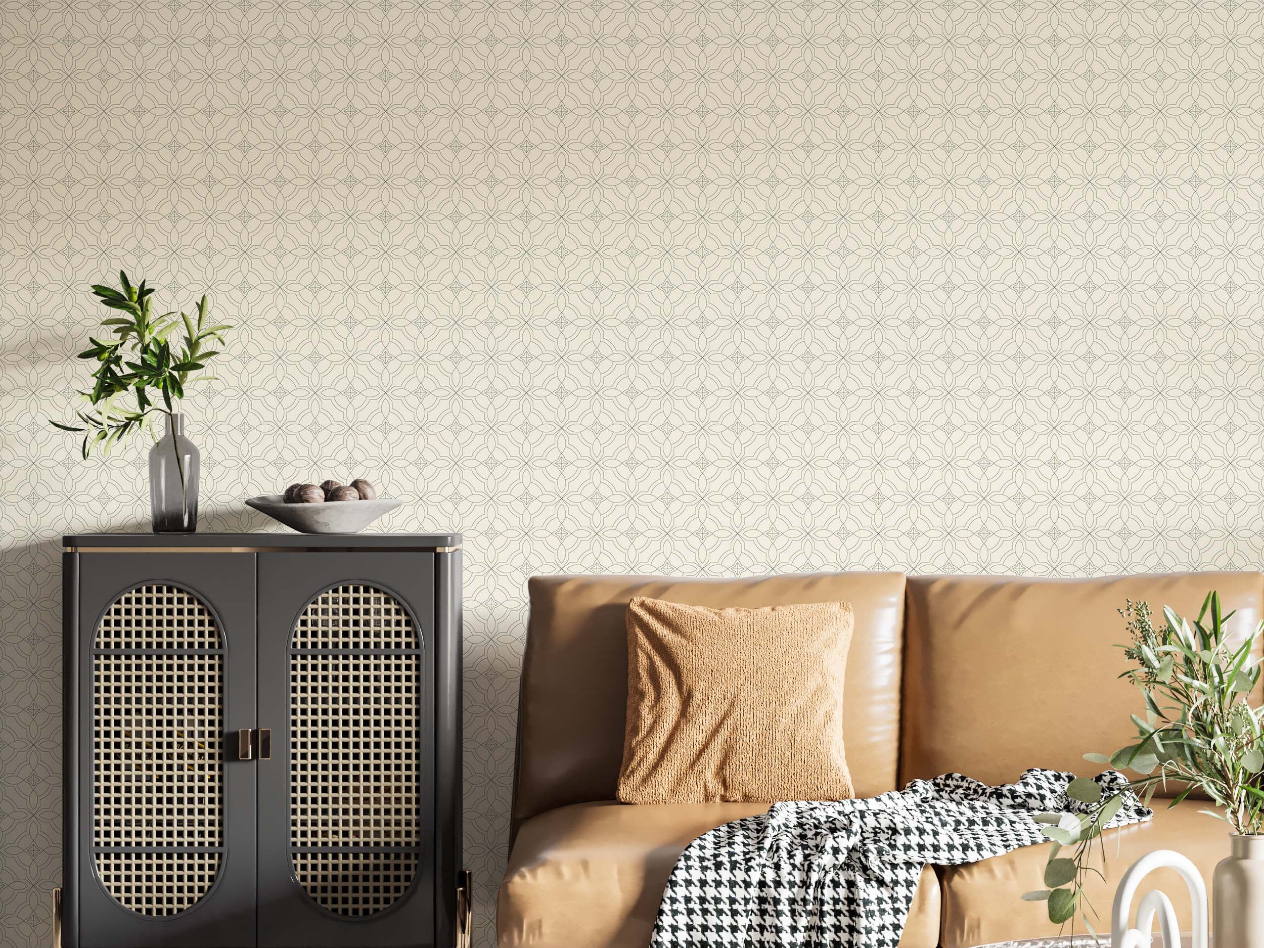 A geometric wallpaper featuring a repeating lattice pattern of interlocking ovals in sage green on a light cream background.