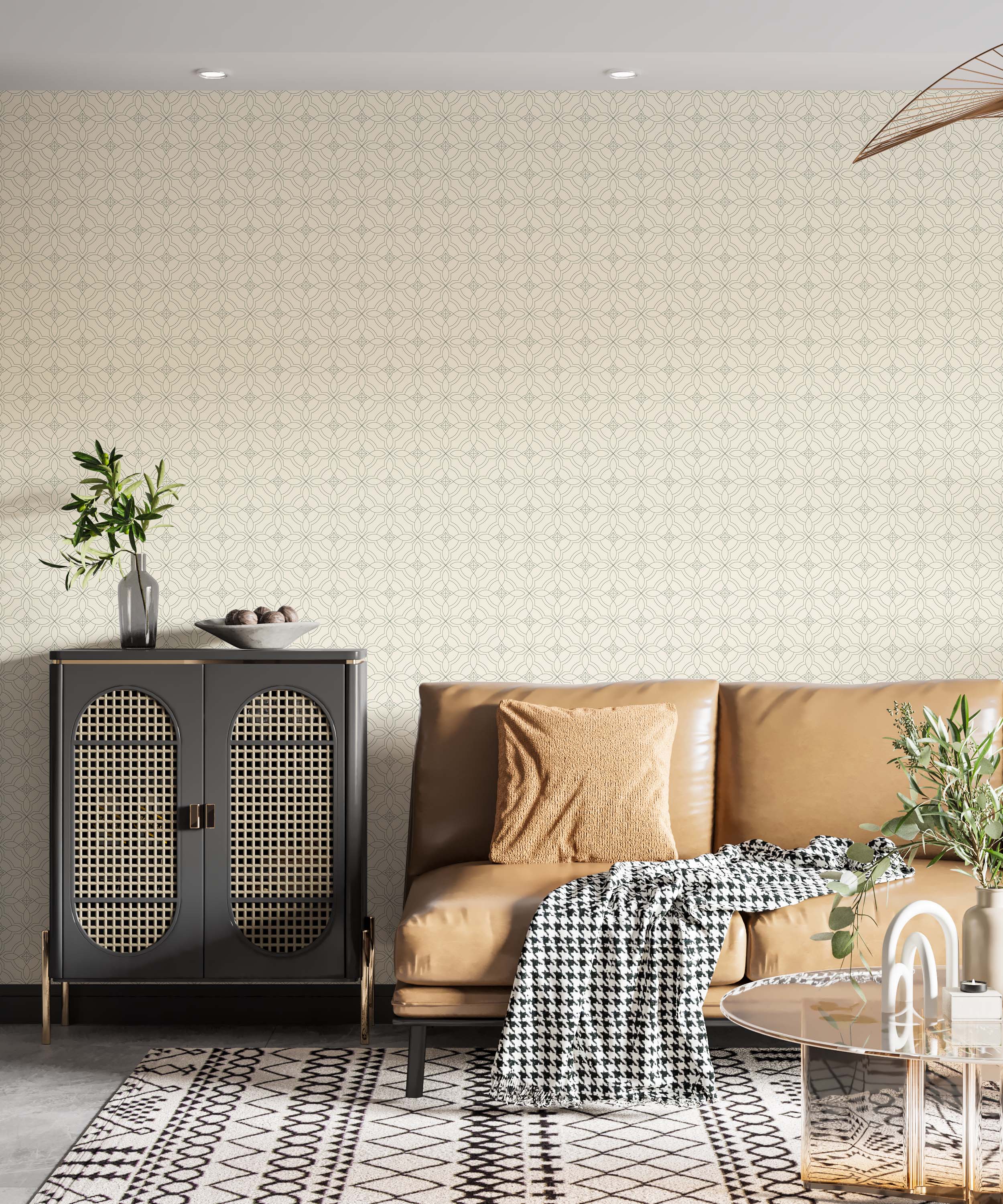A geometric wallpaper featuring a repeating lattice pattern of interlocking ovals in sage green on a light cream background.