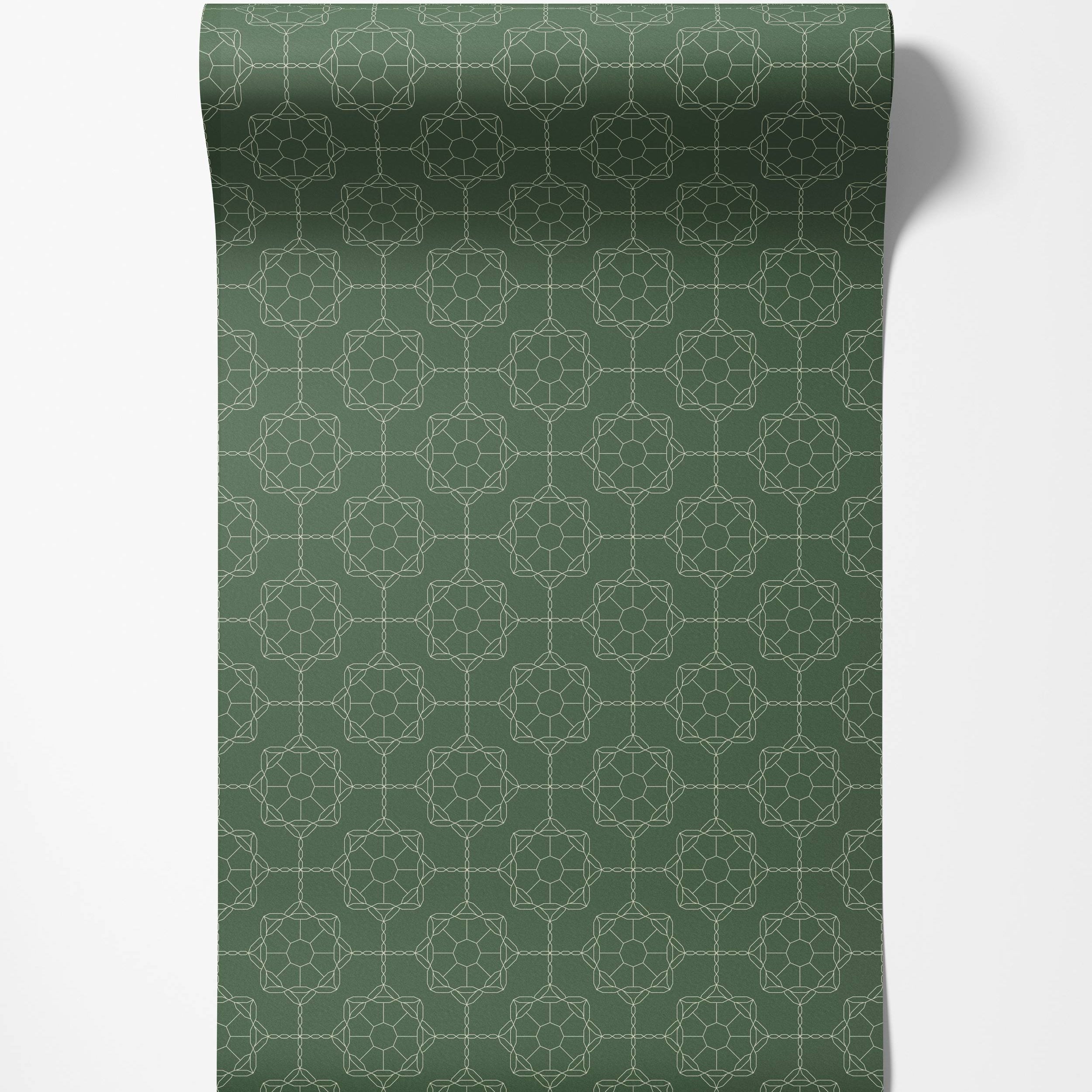 A geometric wallpaper with a cream-colored lattice pattern of interlocking octagonal shapes on a dark green background.