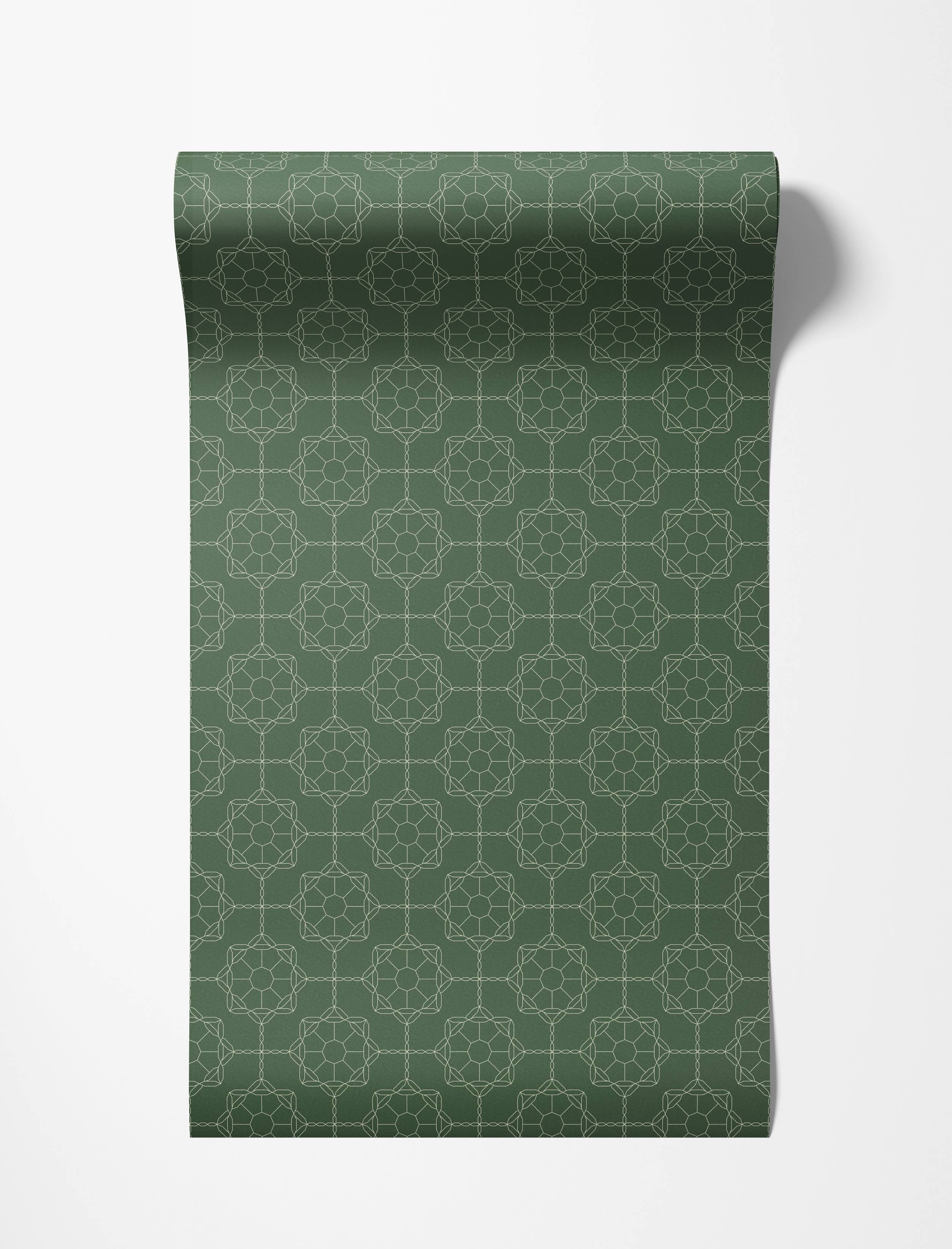 A geometric wallpaper with a cream-colored lattice pattern of interlocking octagonal shapes on a dark green background.
