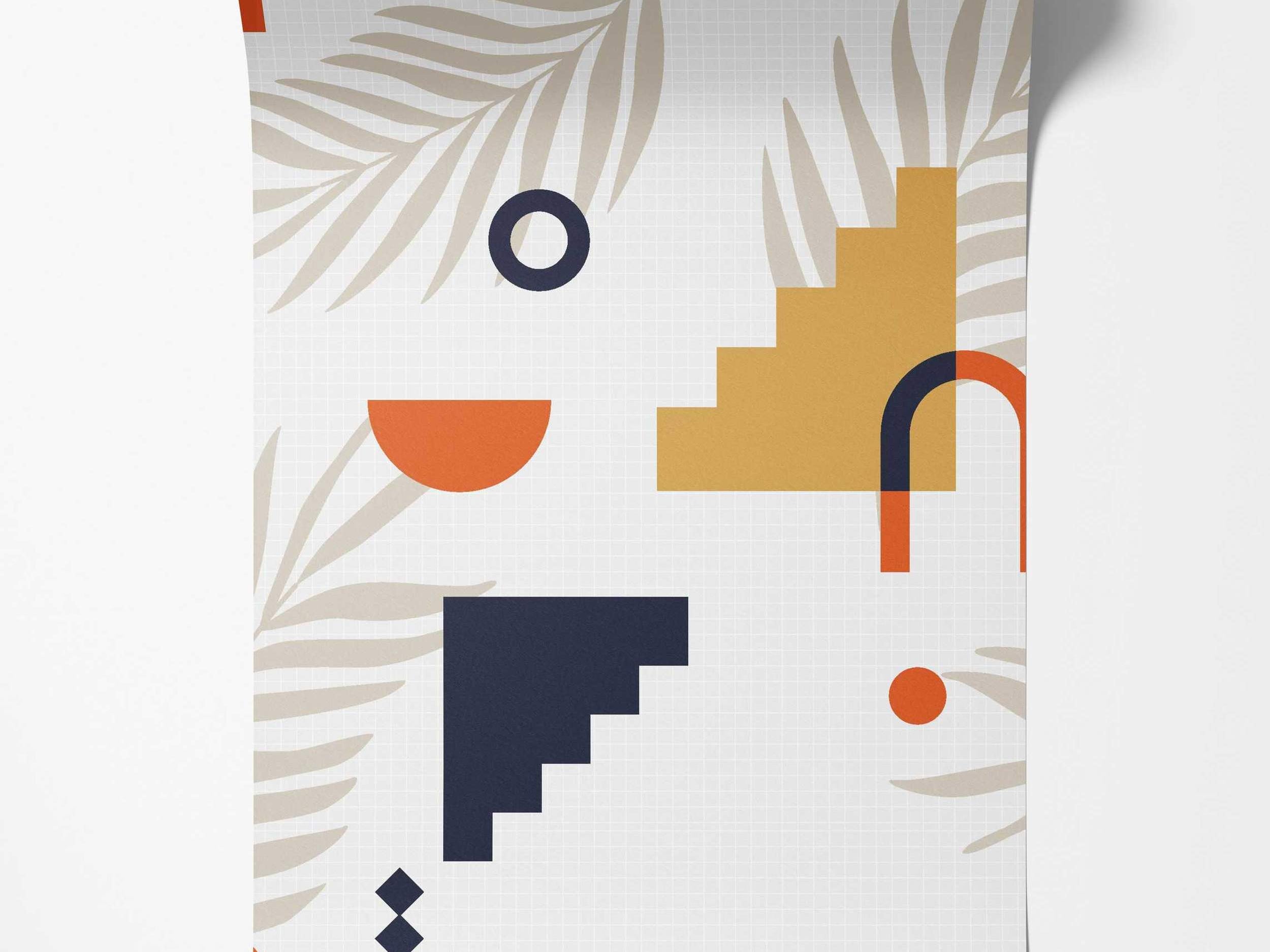 Abstract wallpaper with navy, orange, and yellow geometric shapes and beige botanical leaves on a white grid.