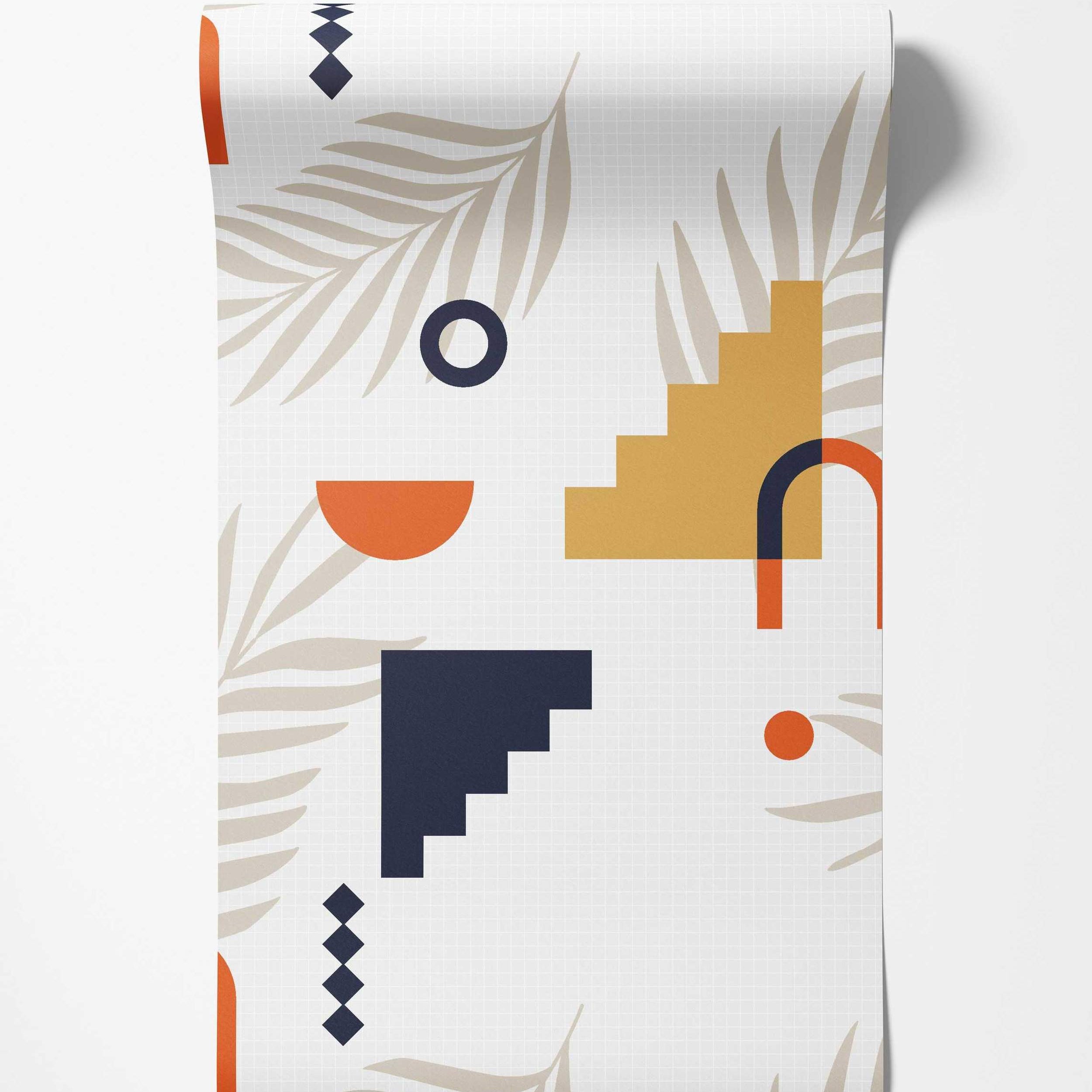 Abstract wallpaper with navy, orange, and yellow geometric shapes and beige botanical leaves on a white grid.