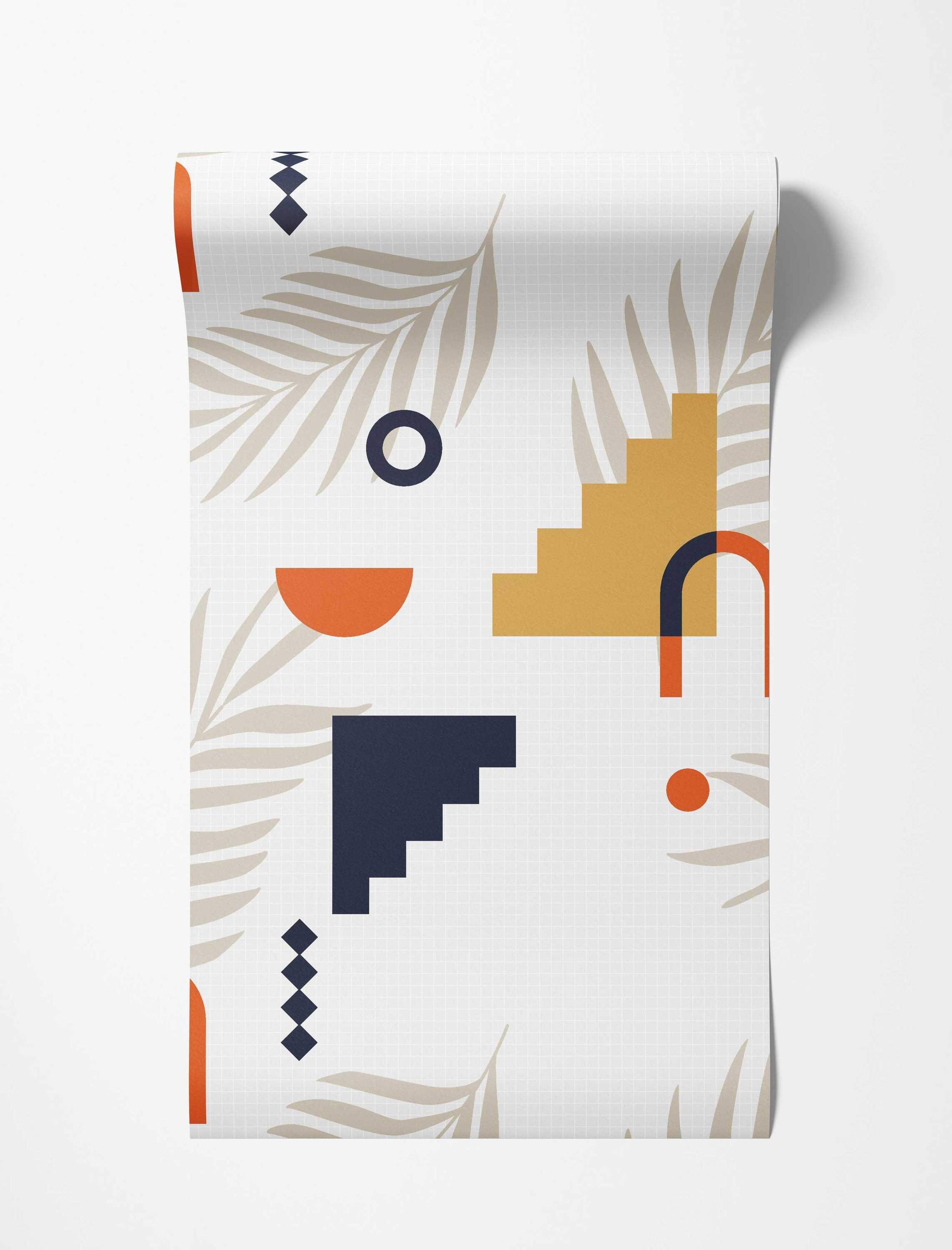 Abstract wallpaper with navy, orange, and yellow geometric shapes and beige botanical leaves on a white grid.