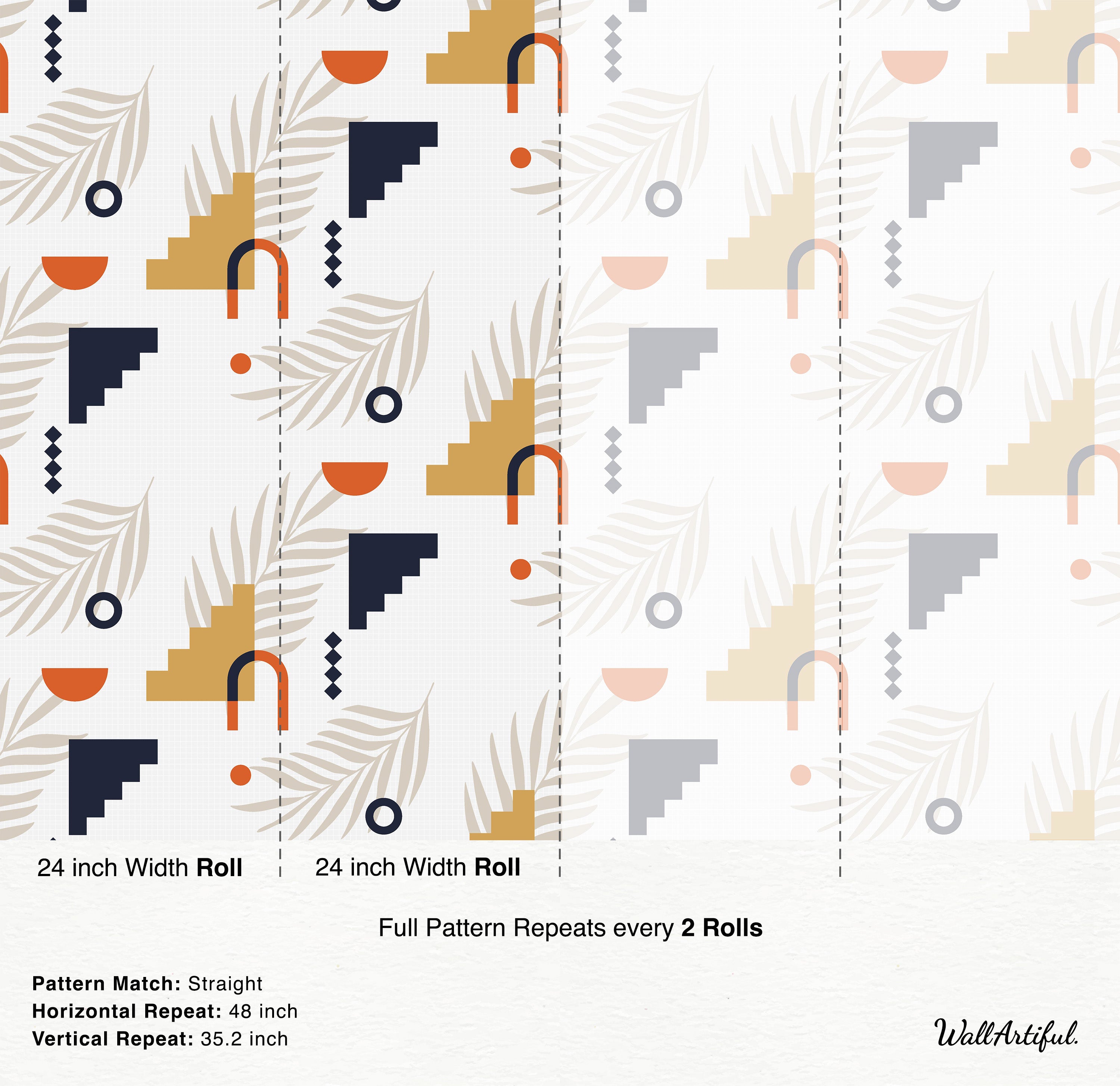 Geometric wallpaper featuring navy, yellow, orange, and beige stairs, arches, circles, and palm leaves on a white background.