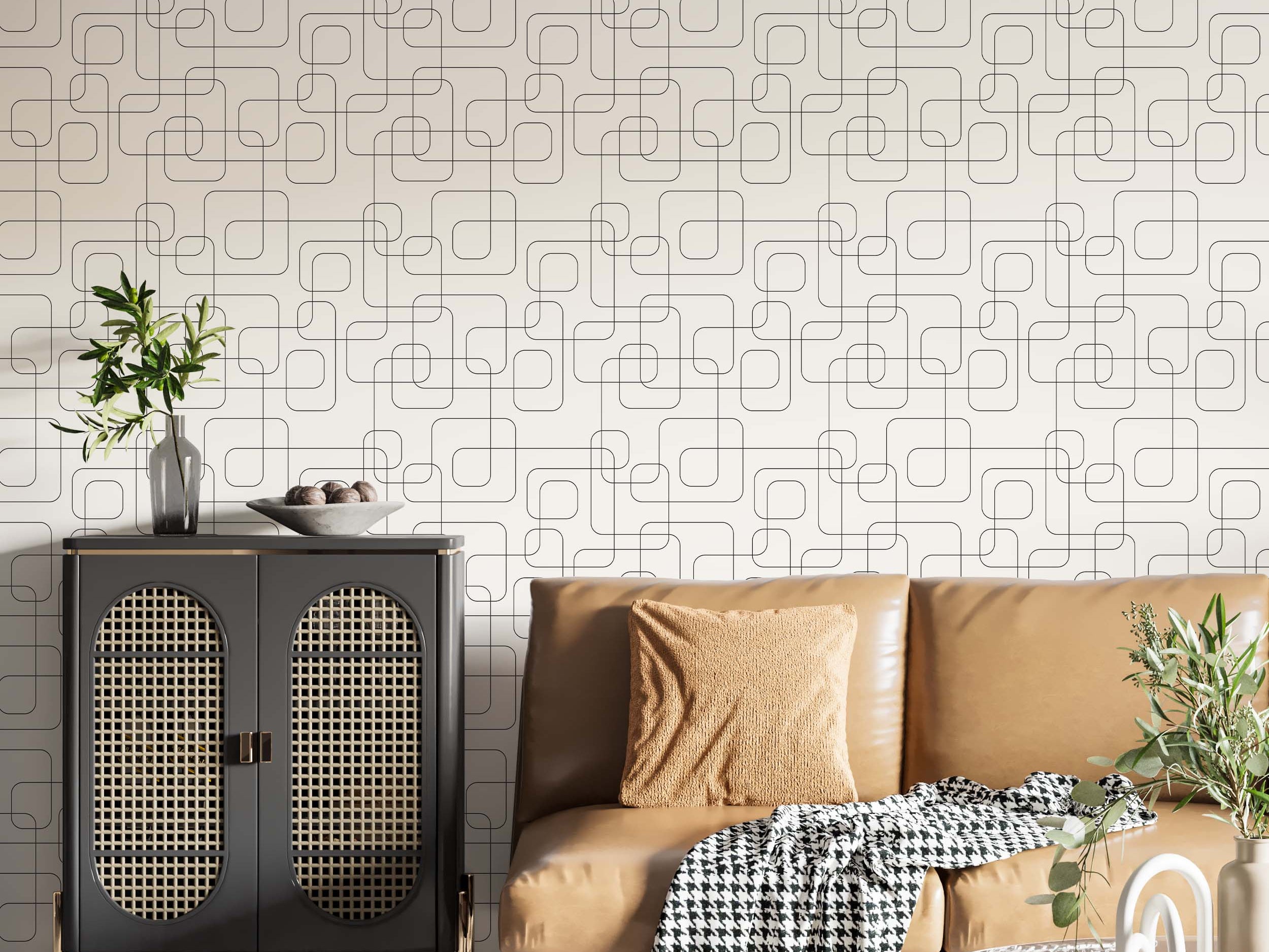 Geometric wallpaper featuring thin black interconnected lines forming rounded squares and rectangles on an off-white background.