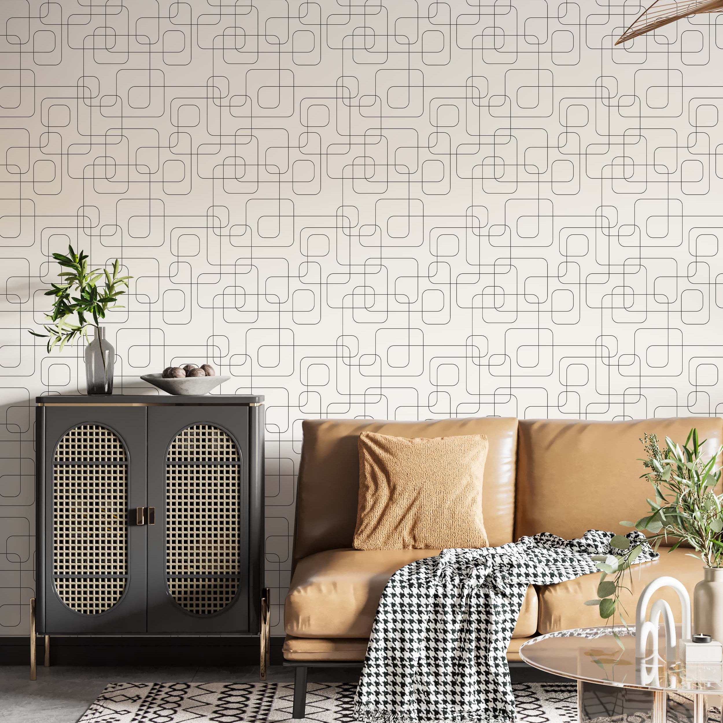 Geometric wallpaper featuring thin black interconnected lines forming rounded squares and rectangles on an off-white background.