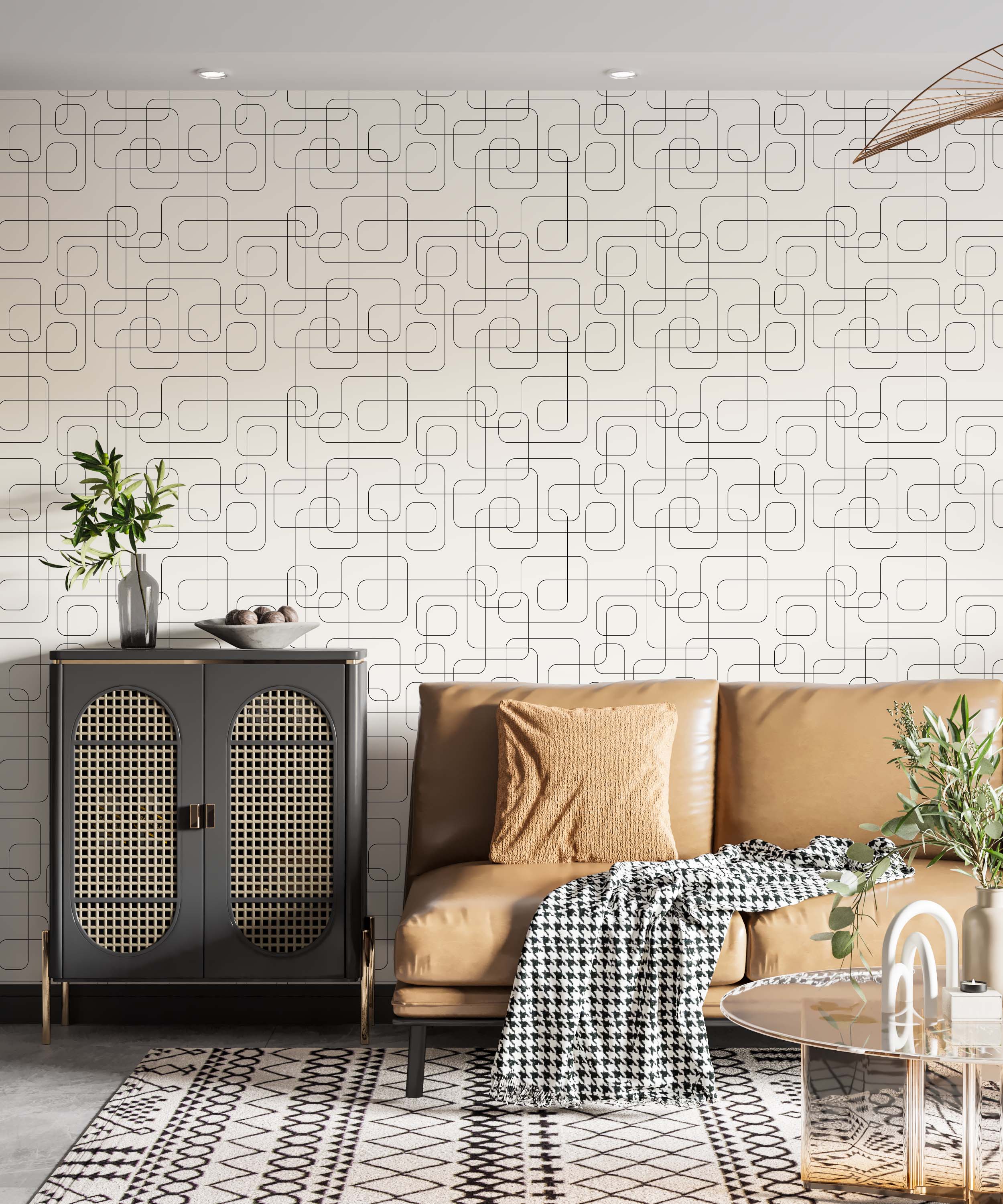 Geometric wallpaper featuring thin black interconnected lines forming rounded squares and rectangles on an off-white background.