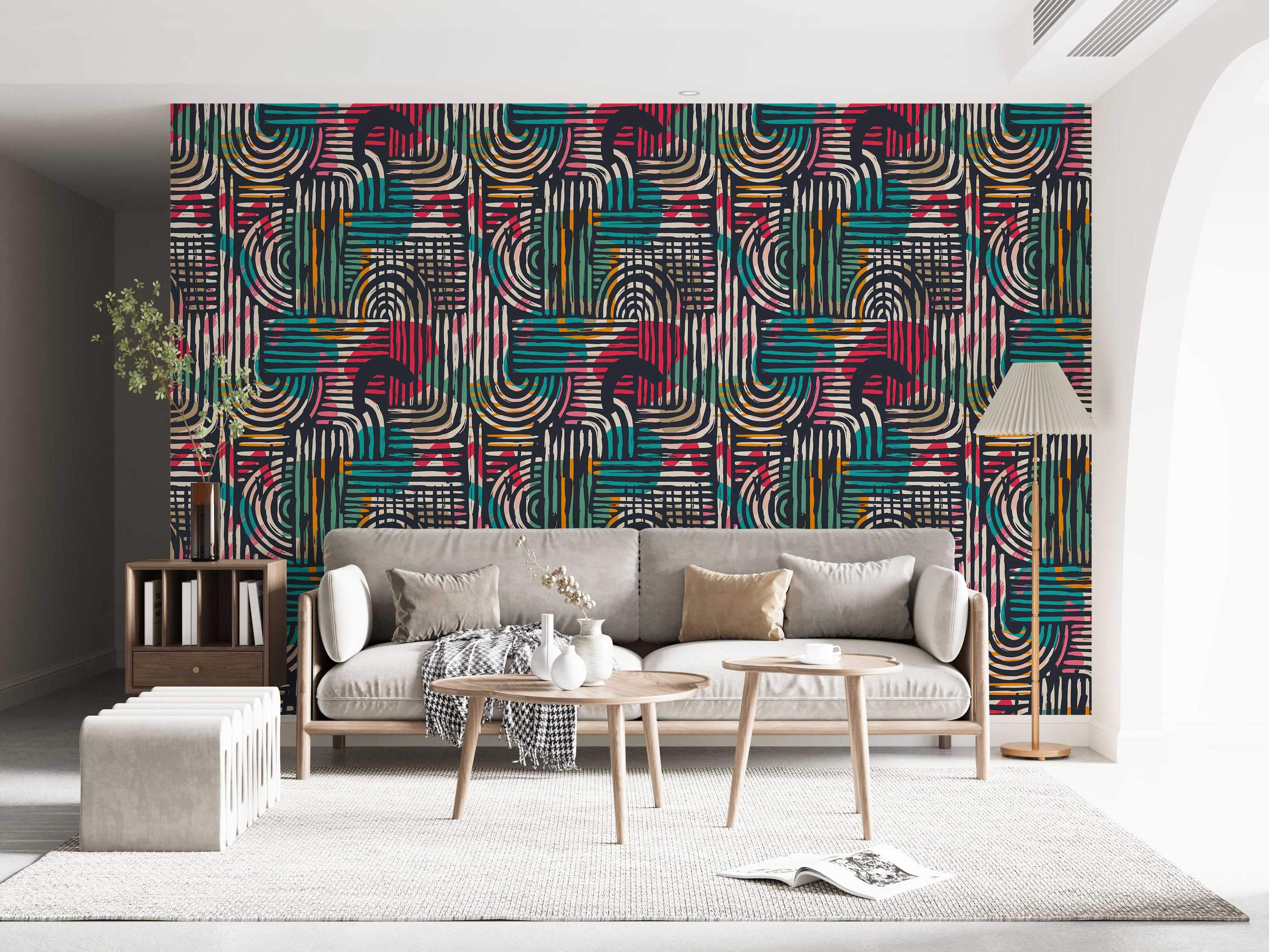 Abstract geometric wallpaper with overlapping brushstroke lines, grids, and arcs in teal, pink, orange, yellow, and beige.