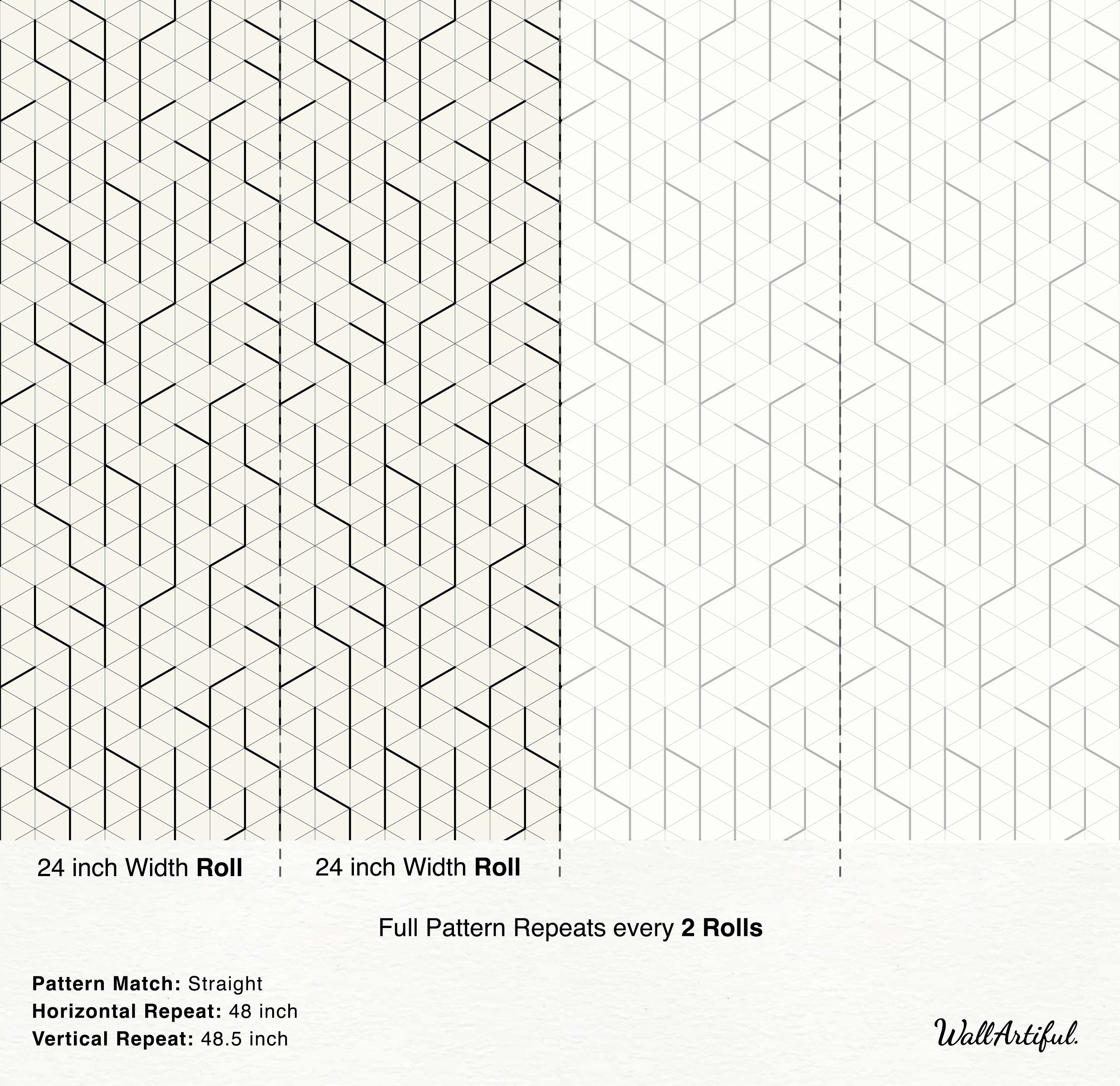Geometric wallpaper with a pattern of black lines forming interlocking triangles and shapes on a cream background.