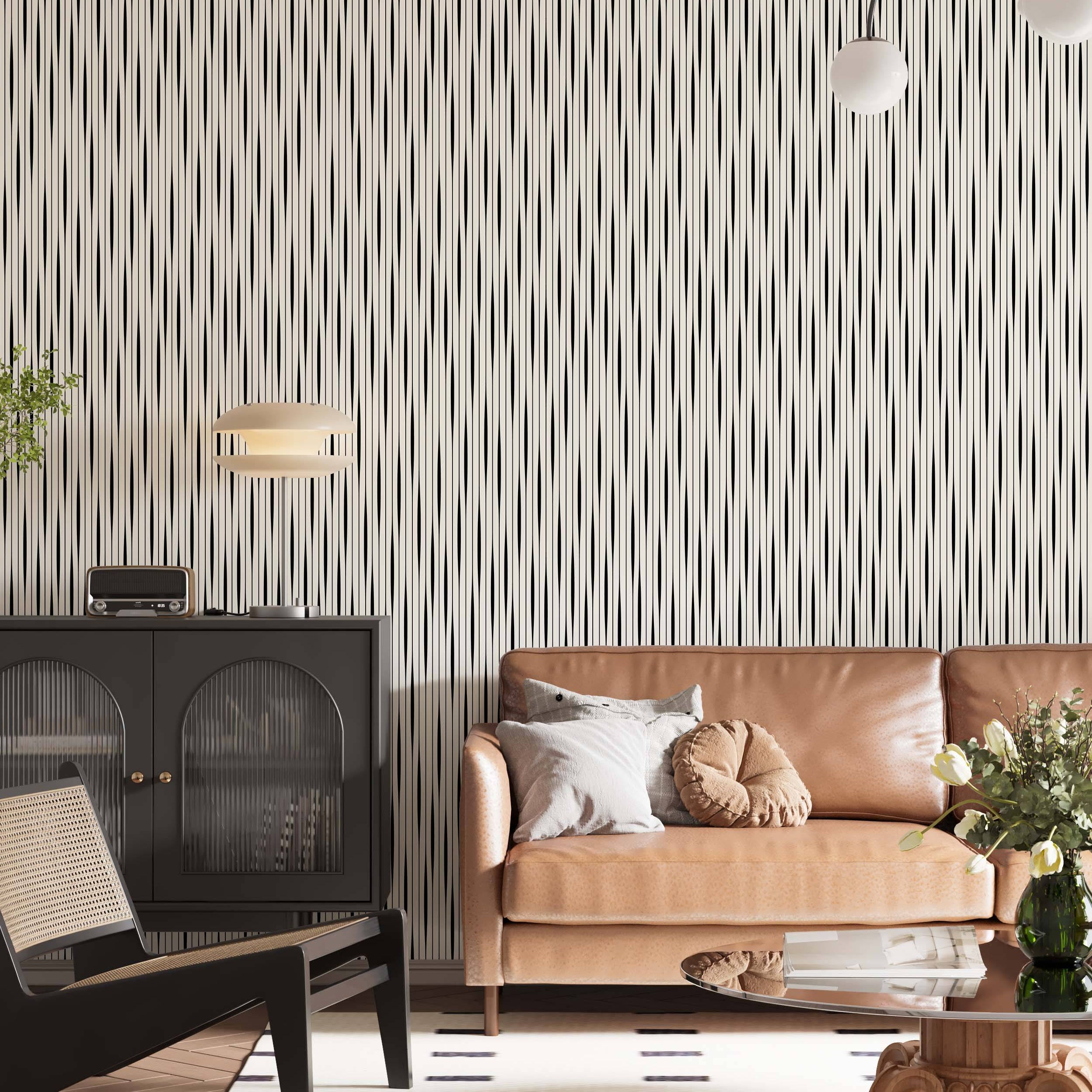 Geometric wallpaper featuring thin black vertical lines alternating with thicker, undulating cream lines on a cream background.