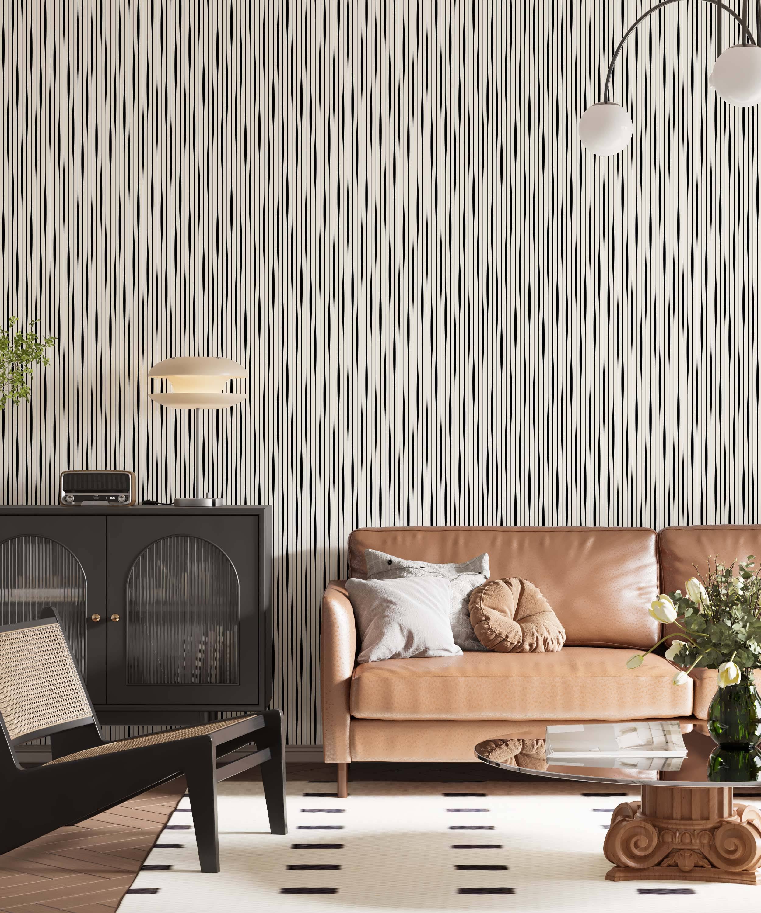 Geometric wallpaper featuring thin black vertical lines alternating with thicker, undulating cream lines on a cream background.