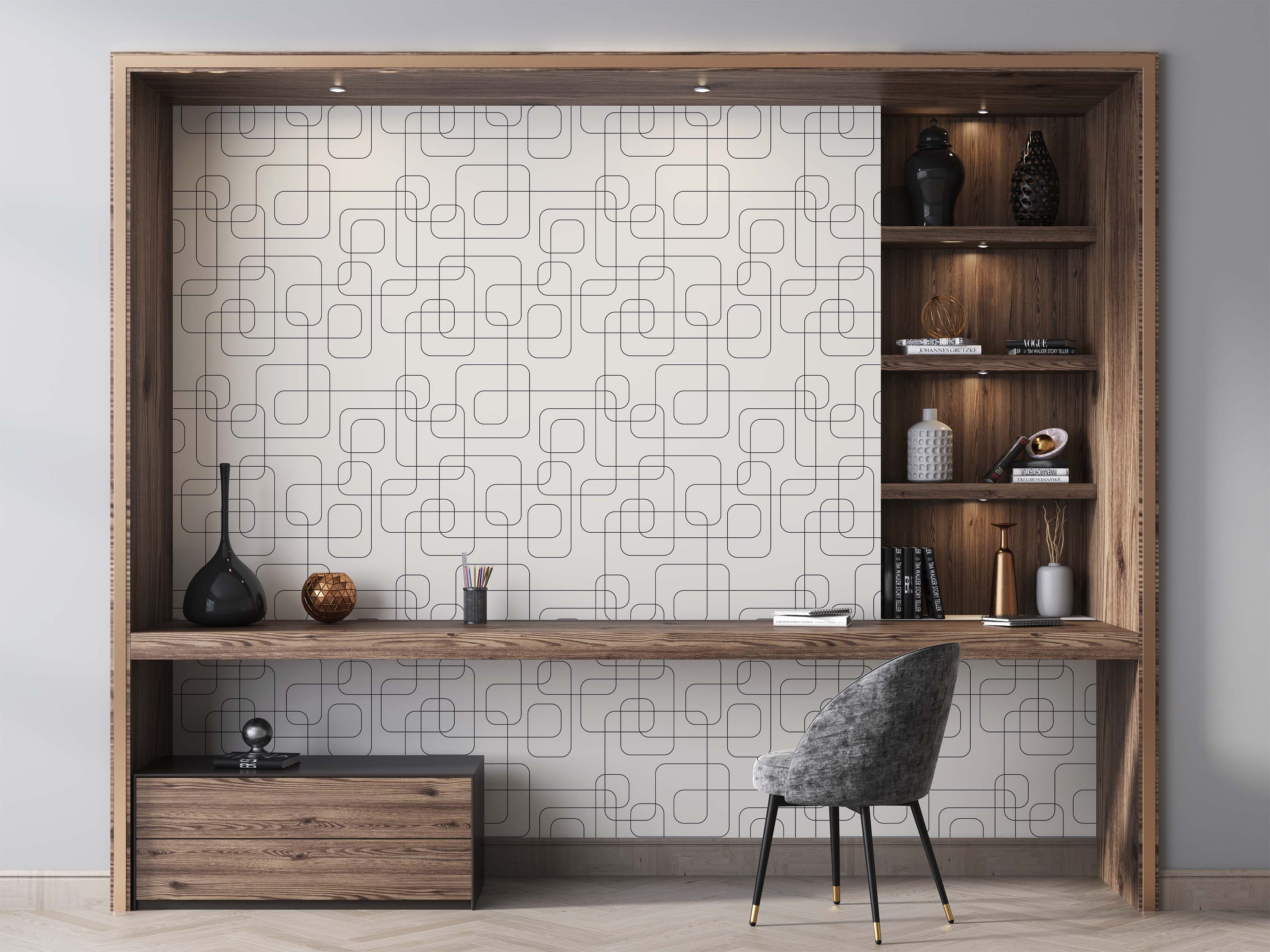 Wallpaper featuring a geometric pattern of thin black interconnected lines forming rounded squares on a light cream background.