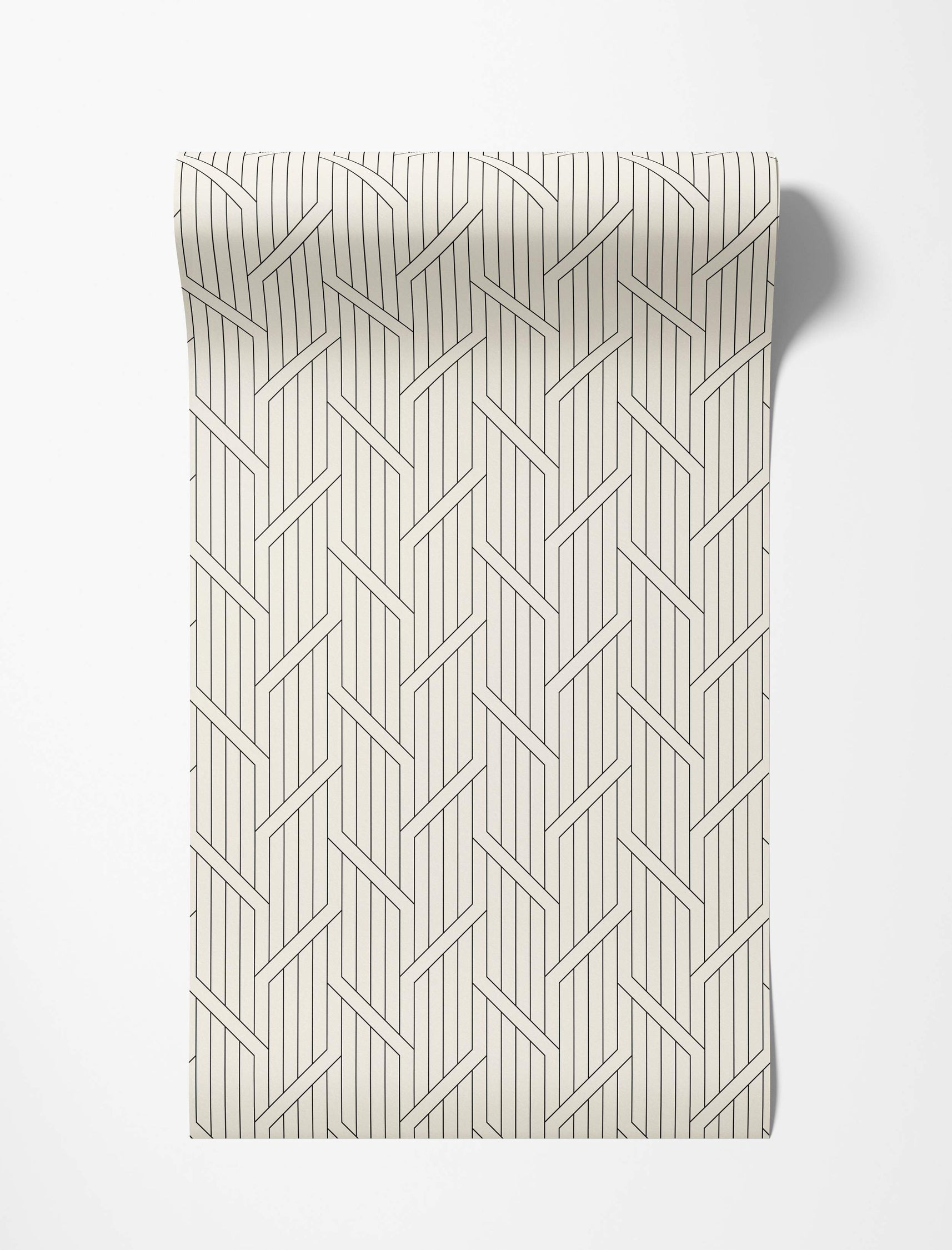 Geometric wallpaper featuring thin black lines creating an interlocking, stepped pattern on an off-white background.