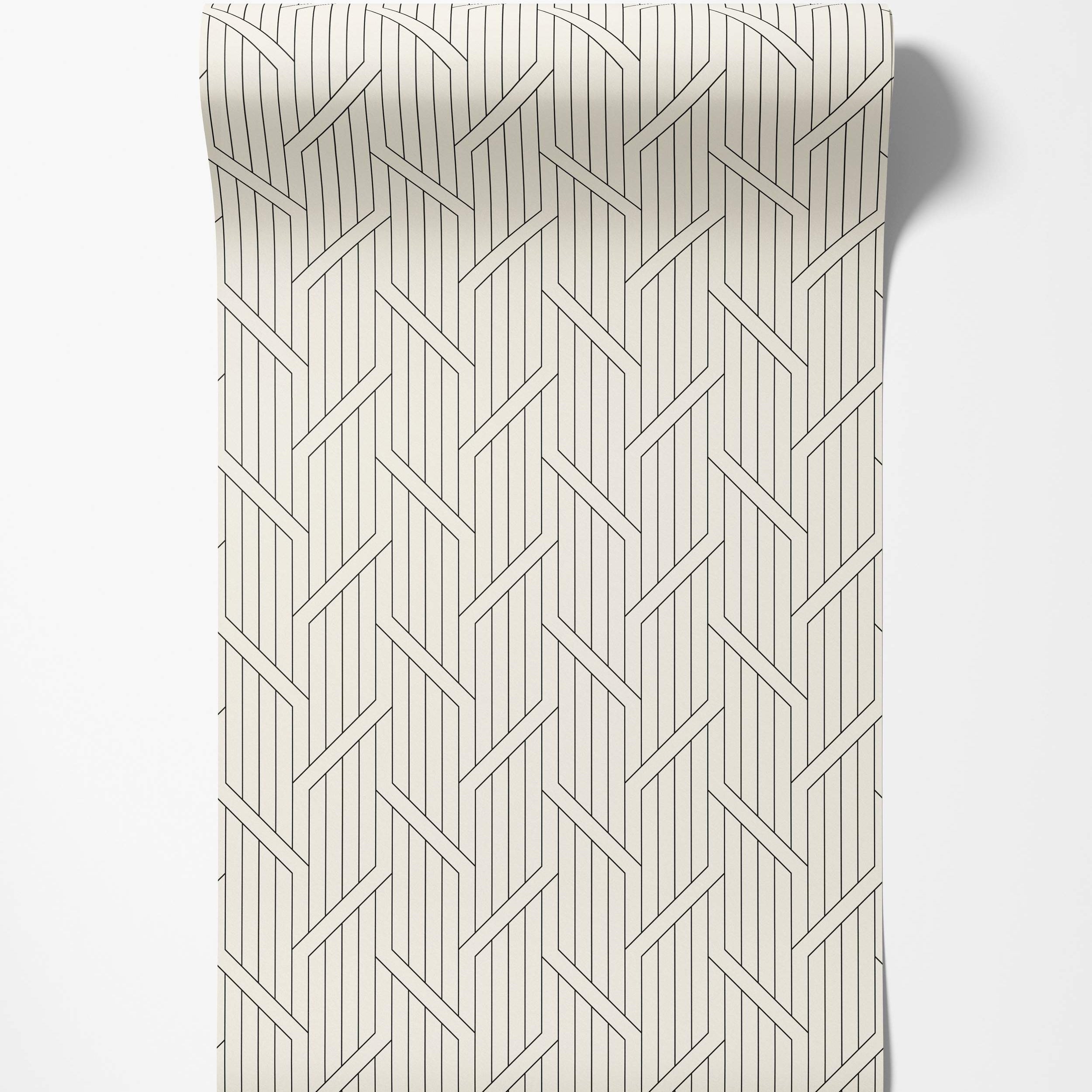 Geometric wallpaper featuring thin black lines creating an interlocking, stepped pattern on an off-white background.
